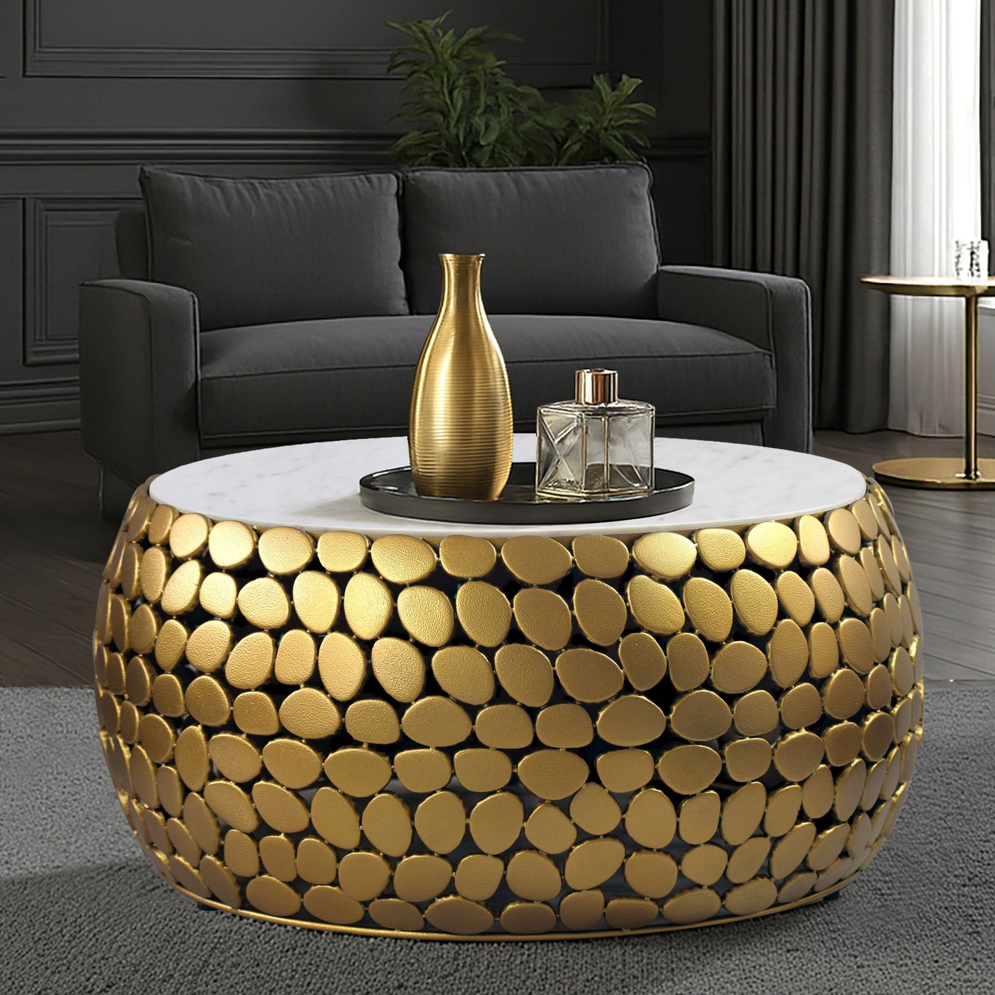 FINEBUY Couchtisch FB73731 Couchtisch rund Aluminium gold 66cm Marmor Wohnzimmertisch (Eleganter Blickfang für stilvolle Wohnräume), Hochwertige Materialien mit besonderer Form