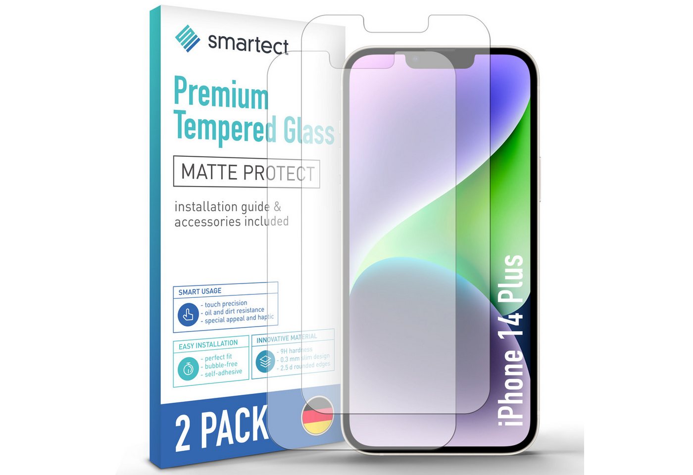 smartect Displayschutzglas 2X Schutzglas Panzerfolie Matt für iPhone 14 Plus für Apple iPhone 14 Plus, Set, 2 Stück, Entspiegelt, 9H Härte, Kratzfest, Stoßfest, Blasenfrei, Oleophob