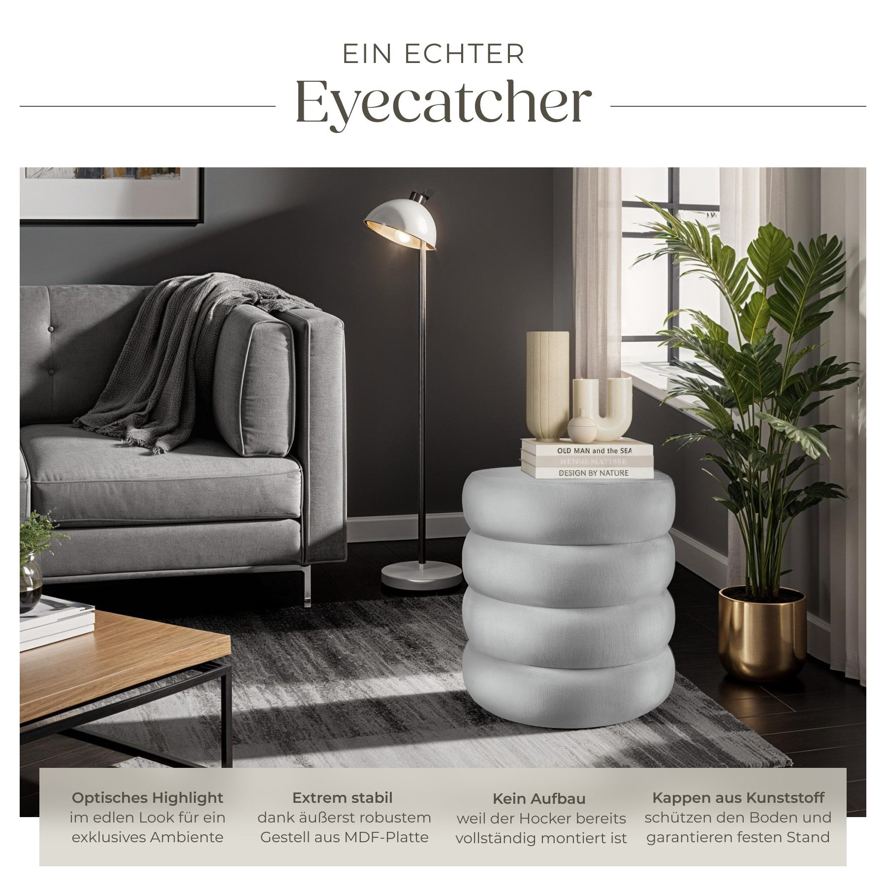 tectake Sitzhocker Schminkhocker Altu, gepolstert, Stauraum, 42 x 42 x 47 cm (rund, 1-St. Samtoptik grau), weicher, pflegeleichter Bezug, Belastbarkeit 120 kg