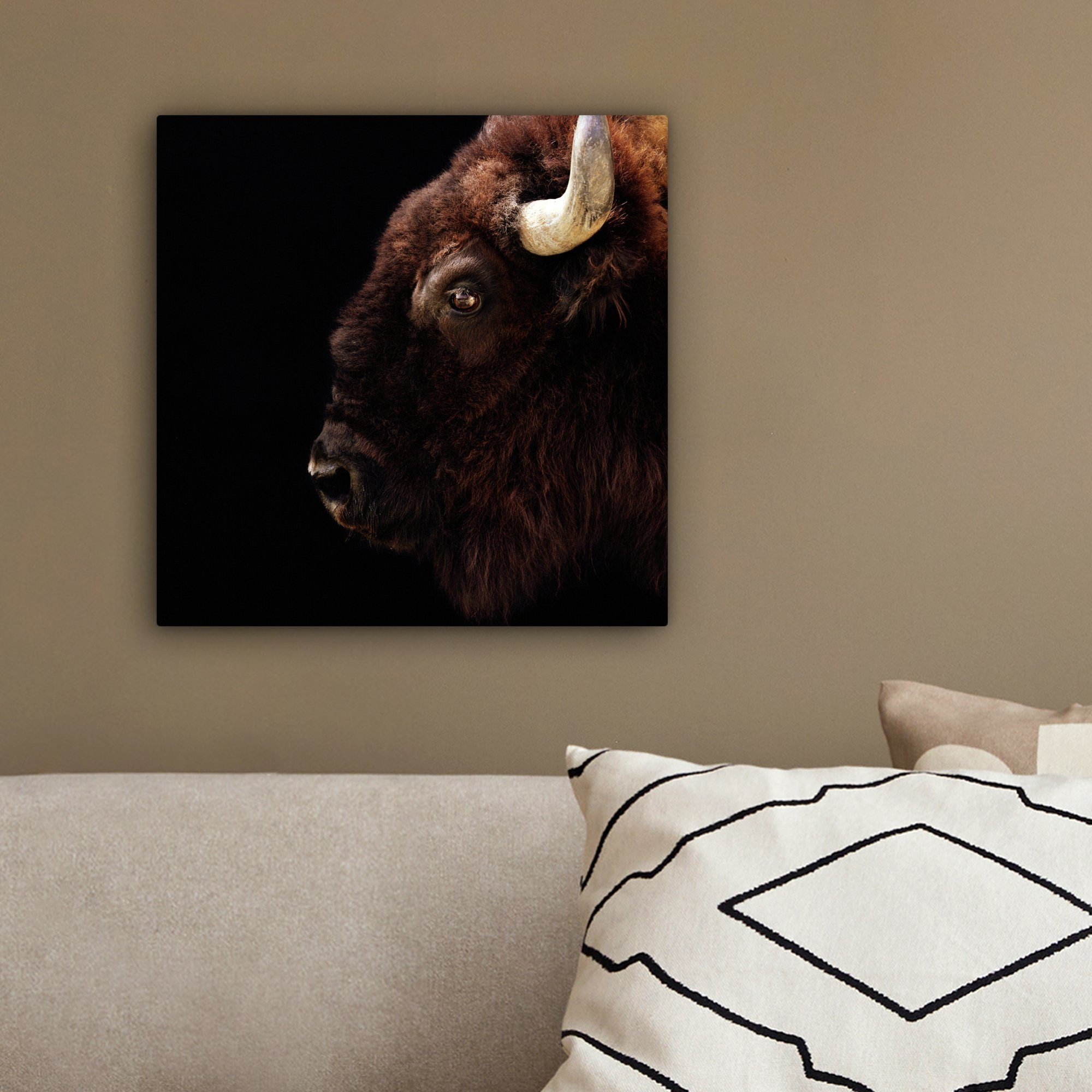 20x20 Schlafzimmer, OneMillionCanvasses® St), - Leinwand - Horn Bison Porträt, Wohnzimmer cm für (1 Leinwandbild Bilder