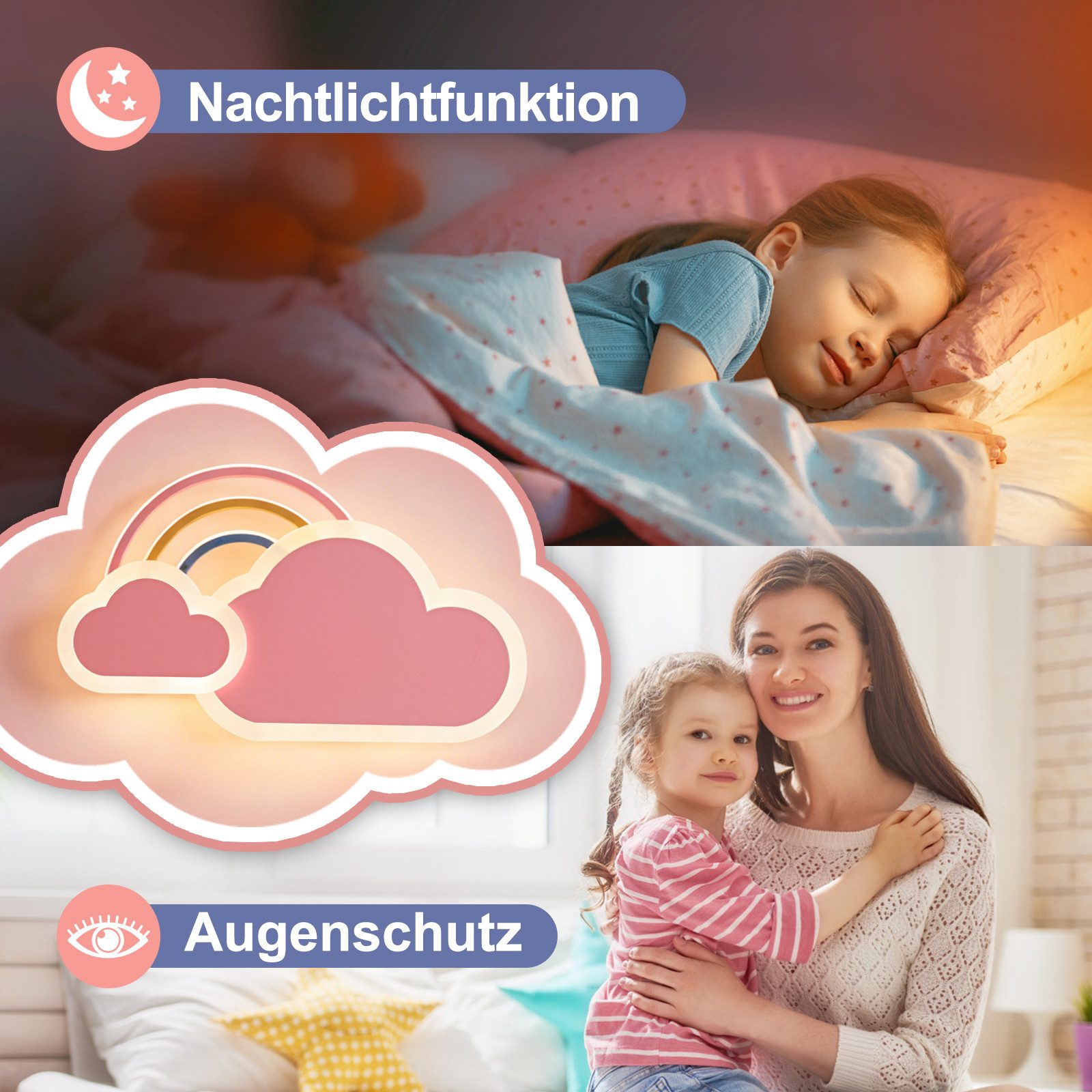 RRBEST LED Deckenleuchte LED Kinder Deckenlampe Wolken Regenbogen Deckenleuchte, mit Fernbedienung &  APP, Nachtlicht Funktion