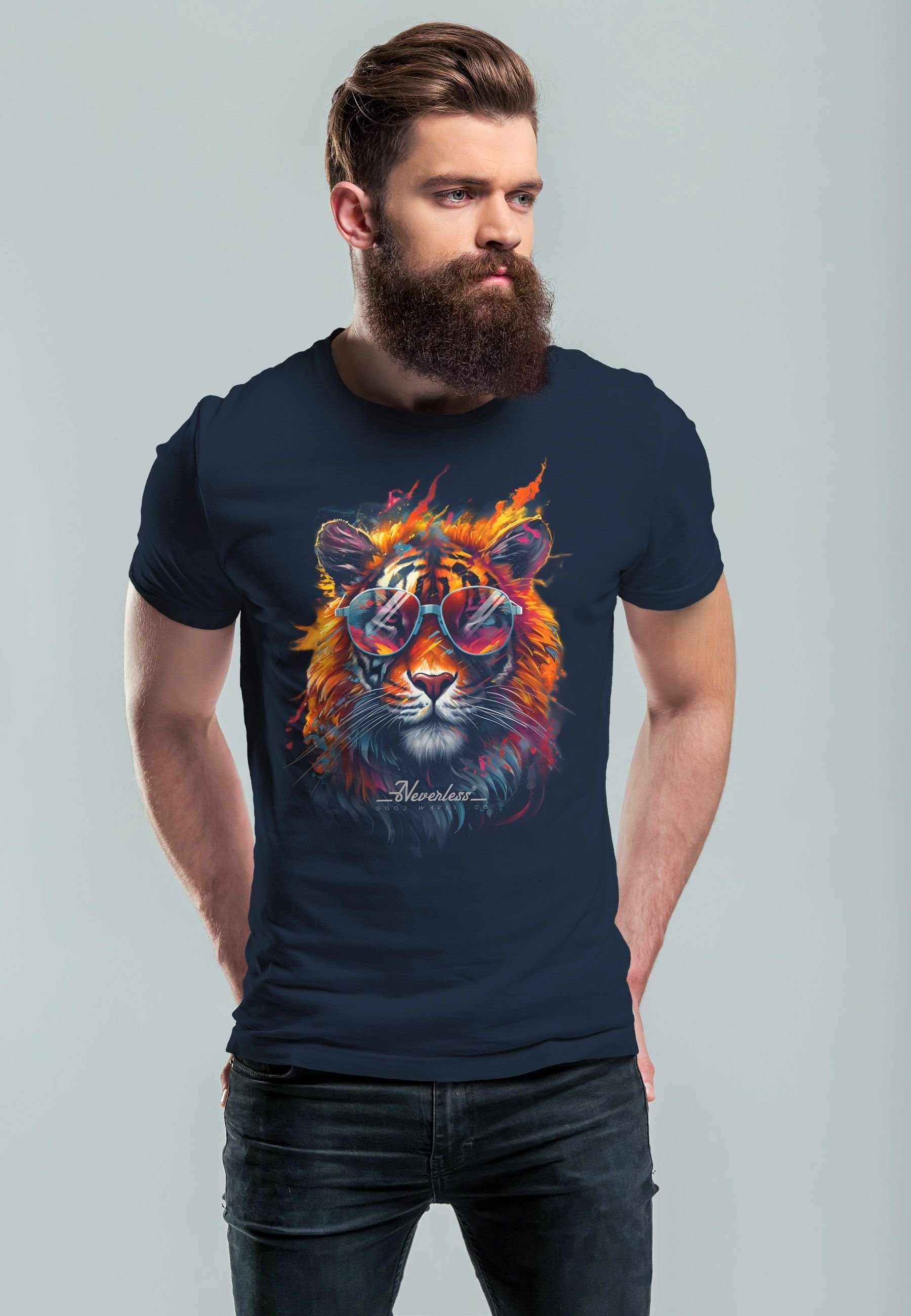 Aufdruck Herren Neverless Tiger Sommer Flammen Kunst Print mit Print Sonnenbrille Print-Shirt T-Shirt navy