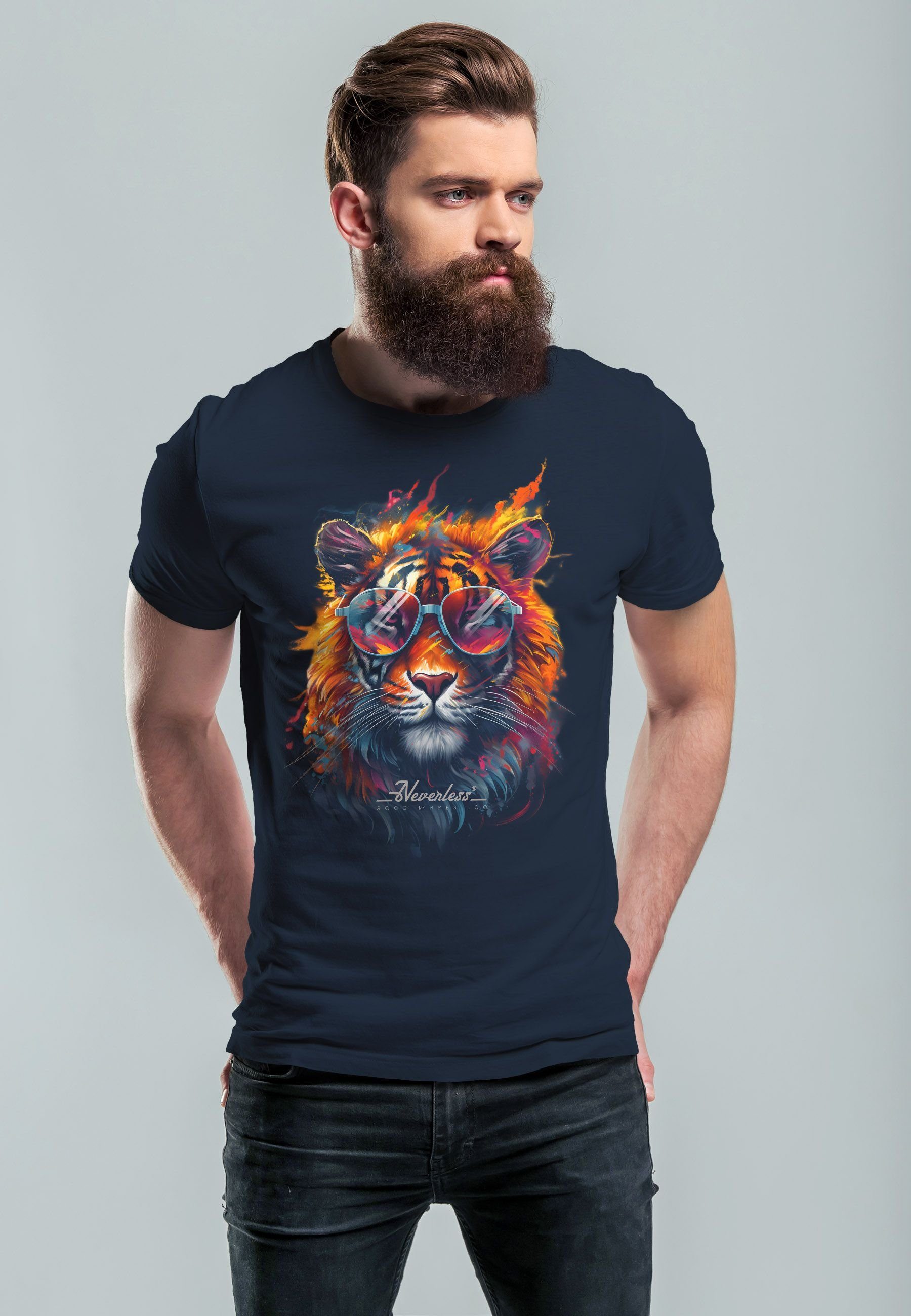 Neverless Print-Shirt Herren T-Shirt Tiger Print Aufdruck Flammen Sommer So günstig online kaufen