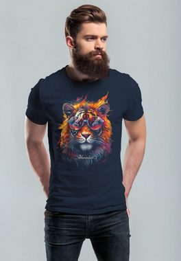 Neverless Print-Shirt Herren T-Shirt Tiger Print Aufdruck Flammen Sommer Sonnenbrille Kunst mit Print