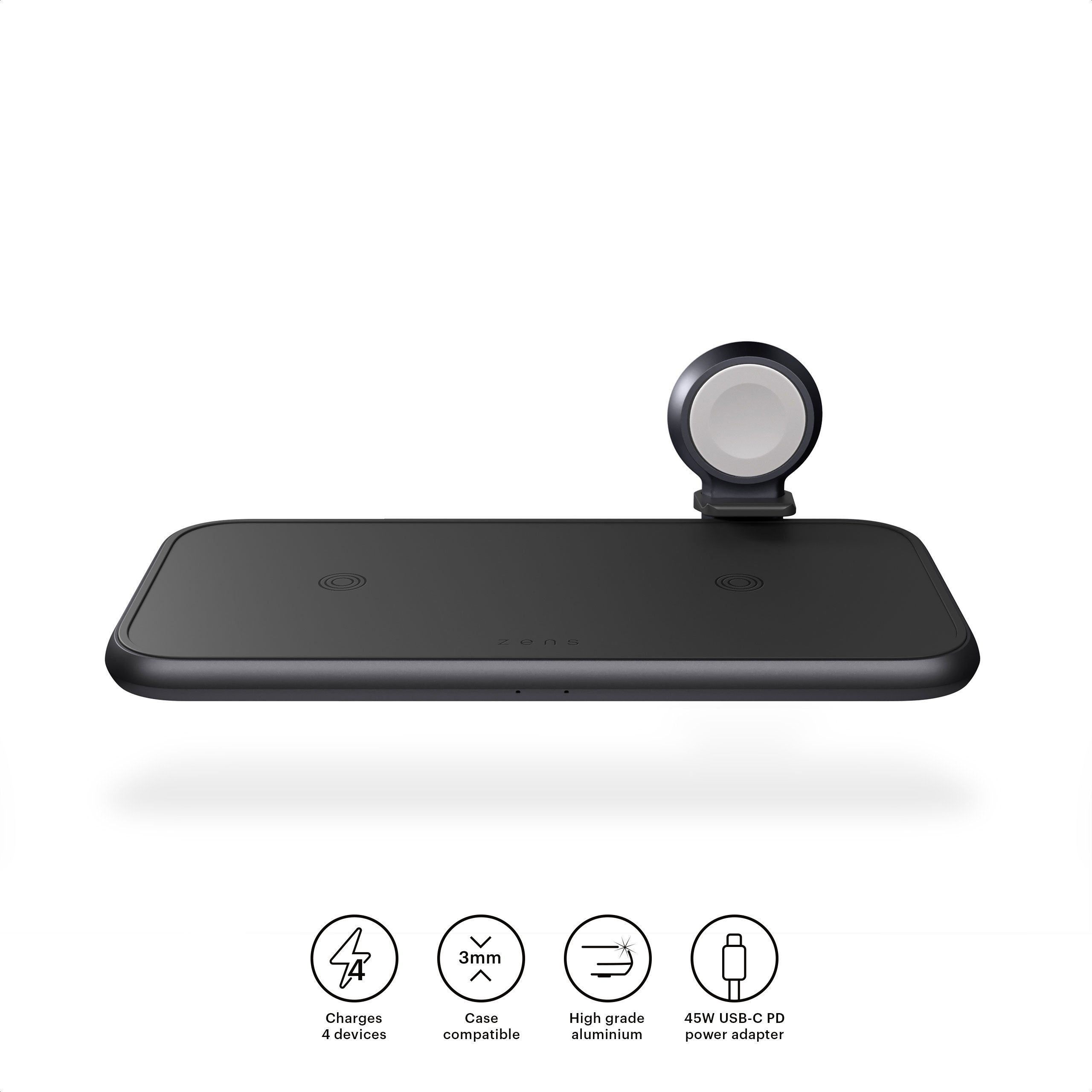 Zens Dual+Watch Induktions-Ladegerät (Für 2 Geräte + Apple Watch, Netzteil + Kabel inklusive)