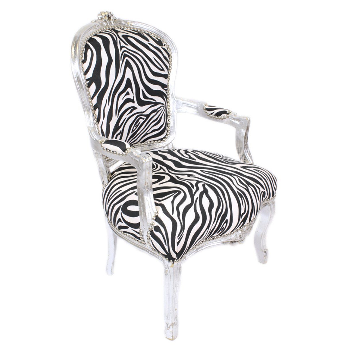 / Armlehnen Besucherstuhl - Casa Padrino Silber Barock Salon Barockmöbel mit Zebra Stuhl