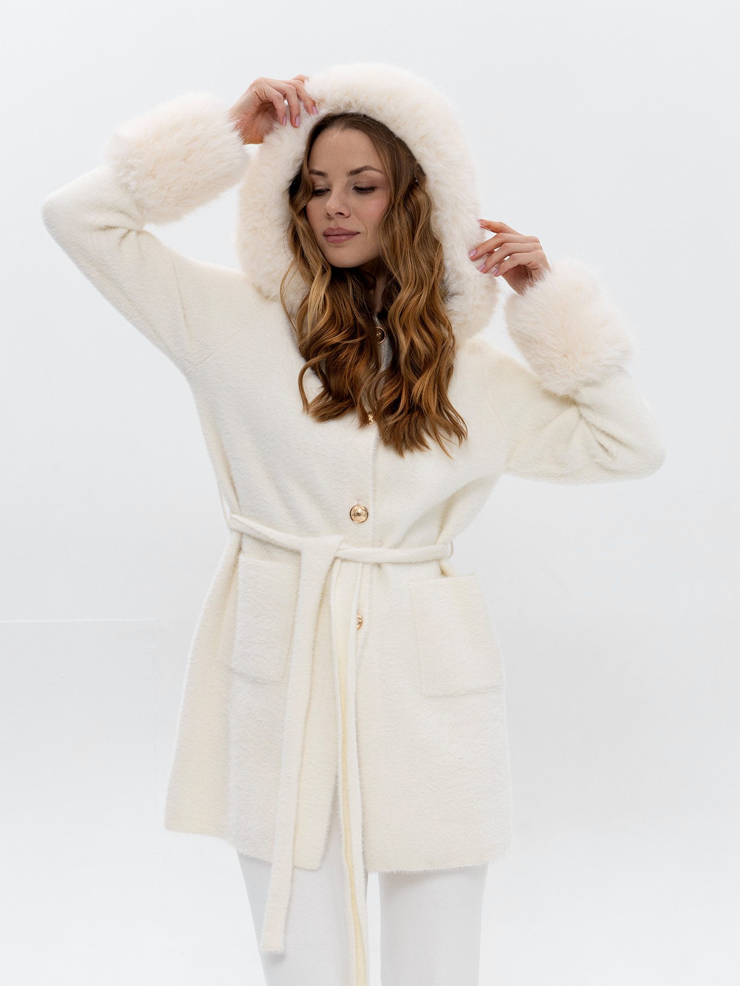 Passioni Fellimitatmantel Felljacke mit Kapuze und abnehmbaren Fellbesatz