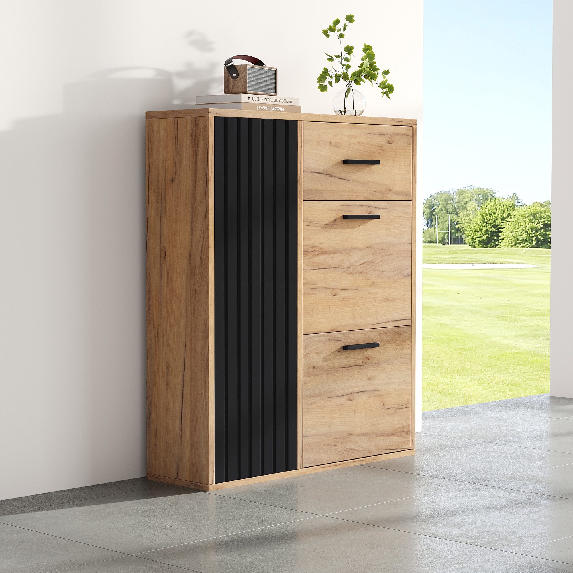 STILVORA Garderoben-Set mit Schublade,Schuhschrank Schuhregal mit verstellbaren Regalen, (Moderne Schuhschrank – Praktische Aufbewahrung Schwarz/Natur, 1-St., B80/D24/H95.5 cm)