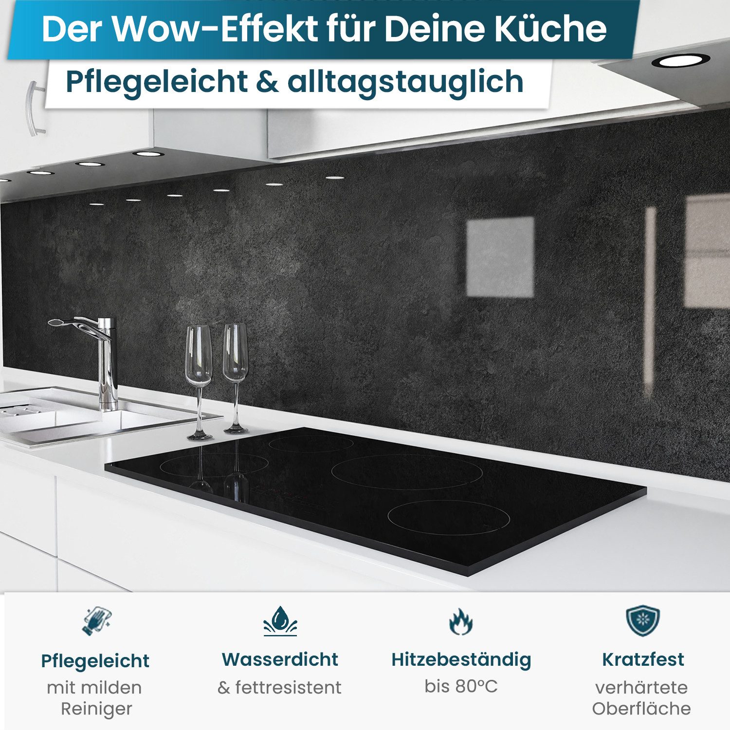 danario Küchenrückwand Folie selbstklebend, Glasoptik, Spritzschutz Küche, ablösbar - 0,8 mm