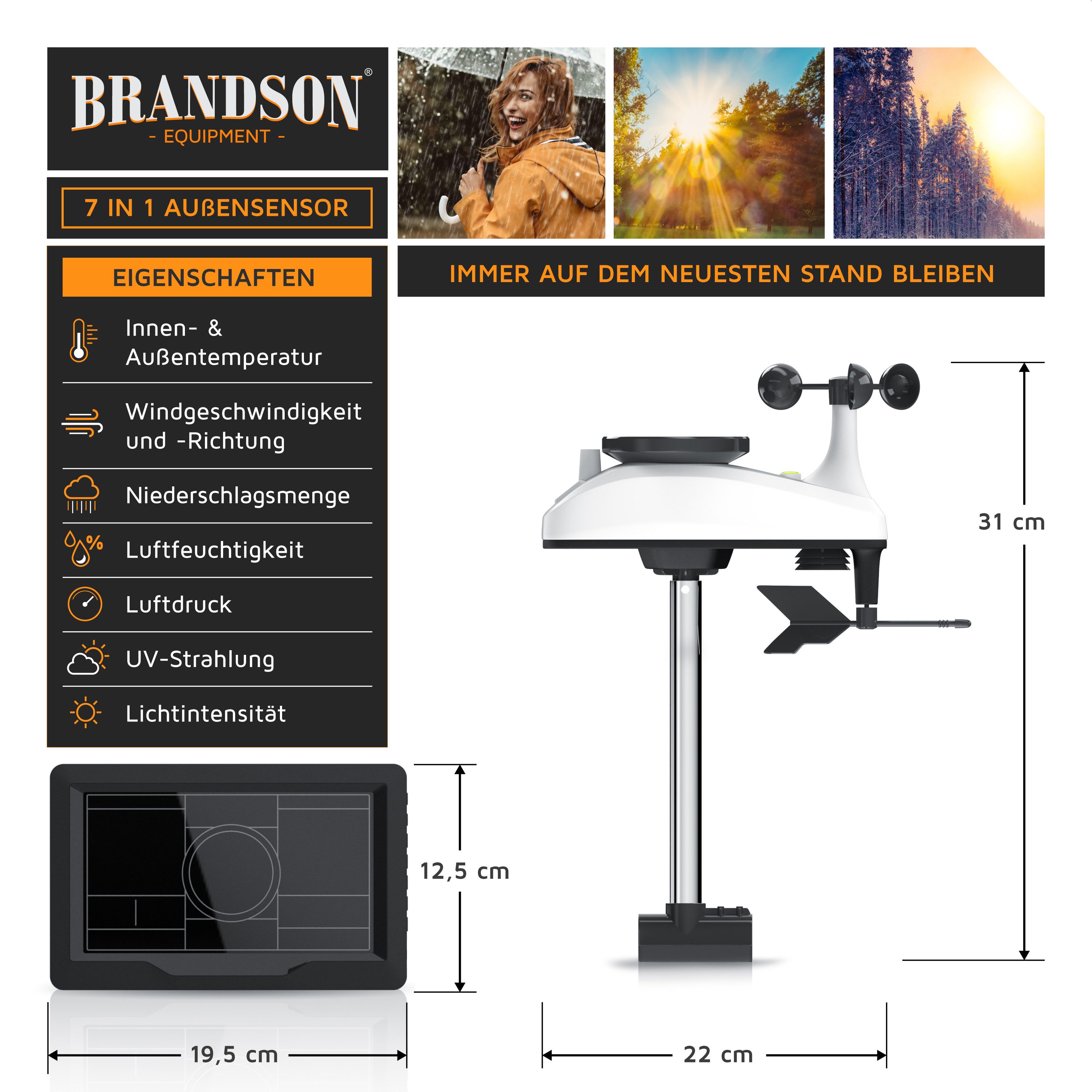 Brandson 7in1, WLAN, Funk, Außensensor, Temperatur Luftfeuchtigkeit Luftdruck Wetterstation (mit Außensensor, WiFi App Steuerung Tuya Smart Life Windmesser Regenmesser Trendanzeige)