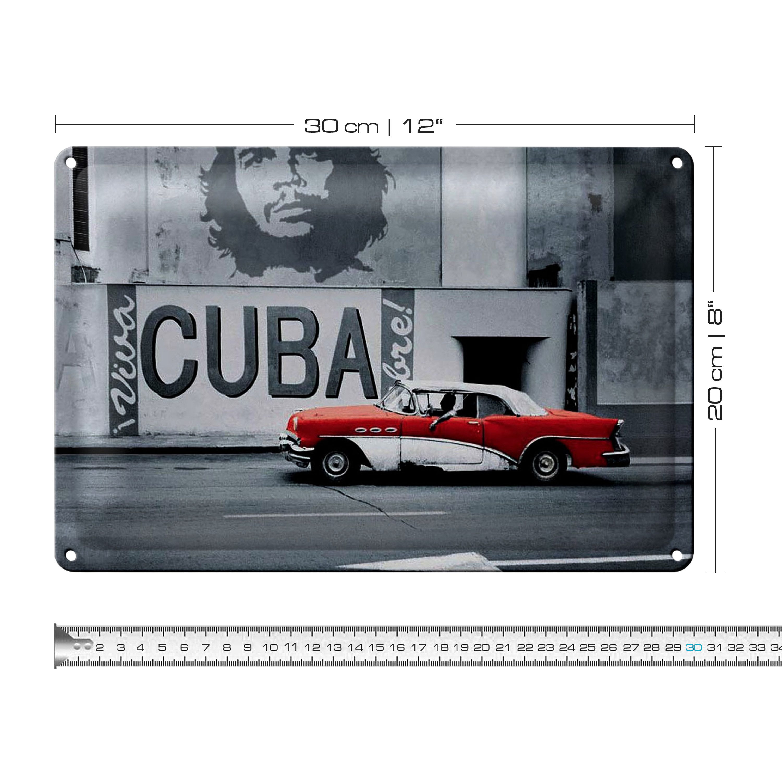 Roomando Metallschild 30x20cm Kuba Wandmotiv Che Guevara Auto rot-weißer Oldtimer Havanna