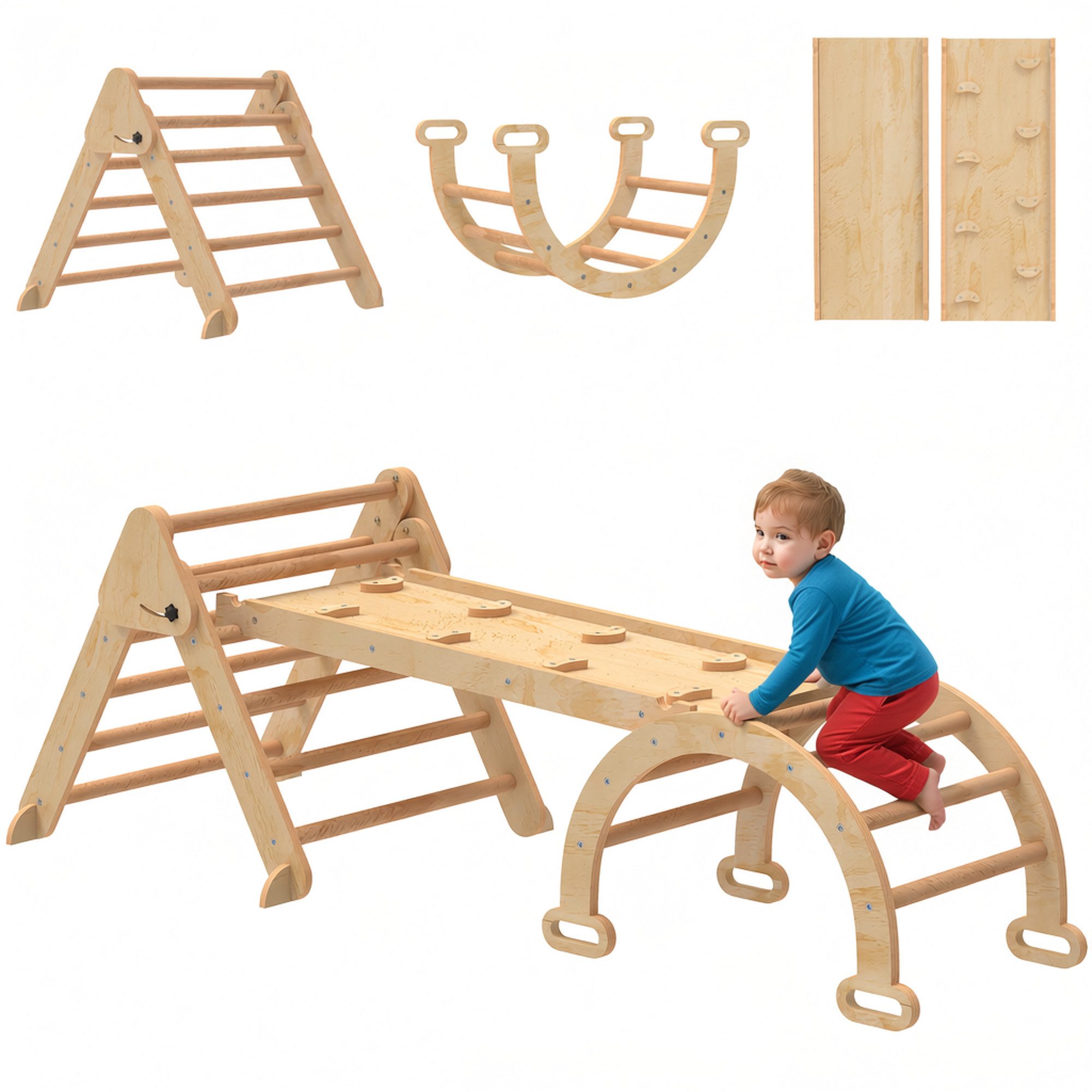 AIYAPLAY Klettergerüst 7-in-1 Montessori Indoor, faltbar Holz mit Rutsche, Bogen, (faltbar Holz Kletterdreieck, 1-St., 5-in-1 Montessori Indoor Spielplatz), für Kinder von 1,5-4 Jahre, Naturholz