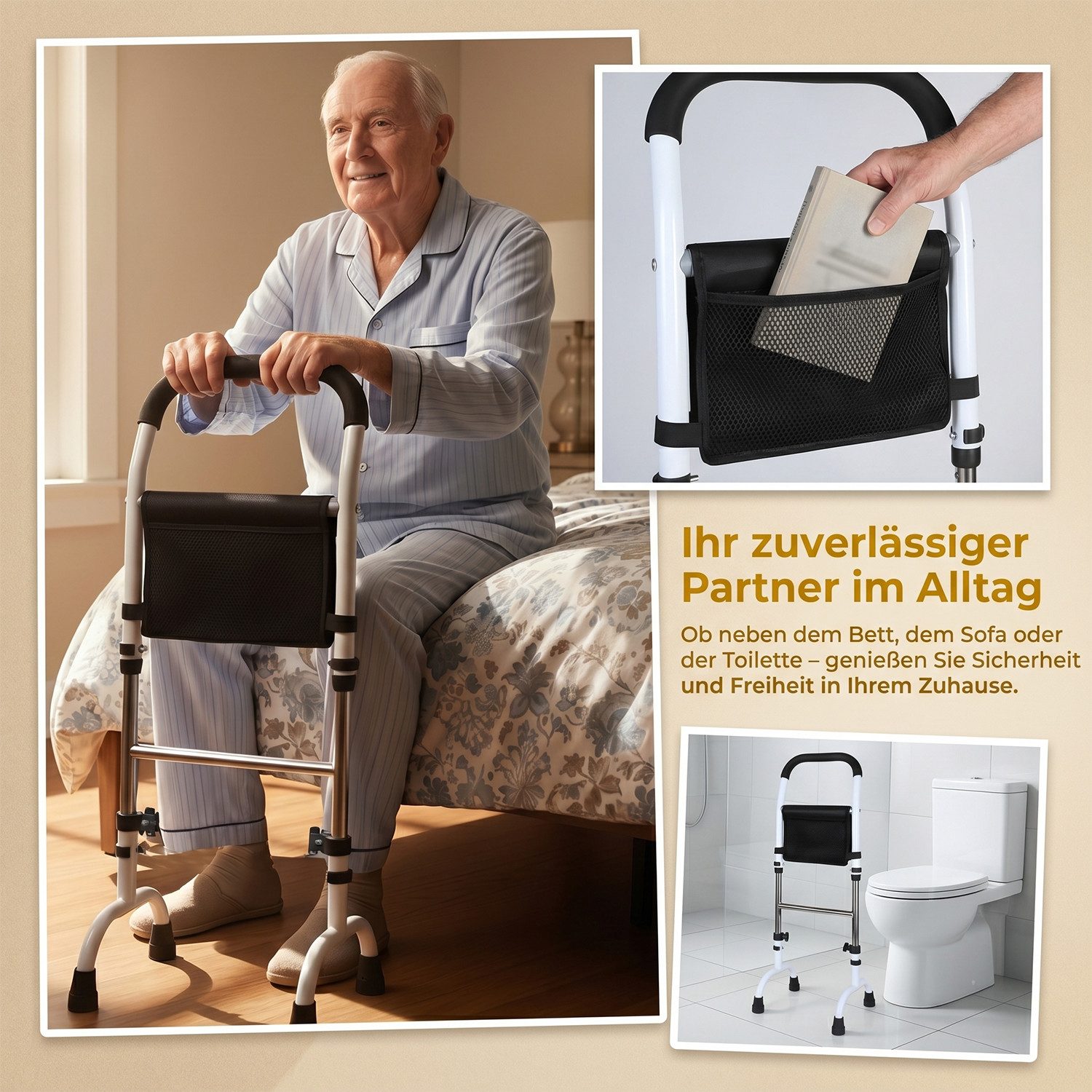 AKKEE Stehhilfe Mobile Aufstehhilfe für Senioren mit Tasche, Höhenverstellbar, Inklusive Aufbewahrungstasche und rutschfesten Gummifüßen.