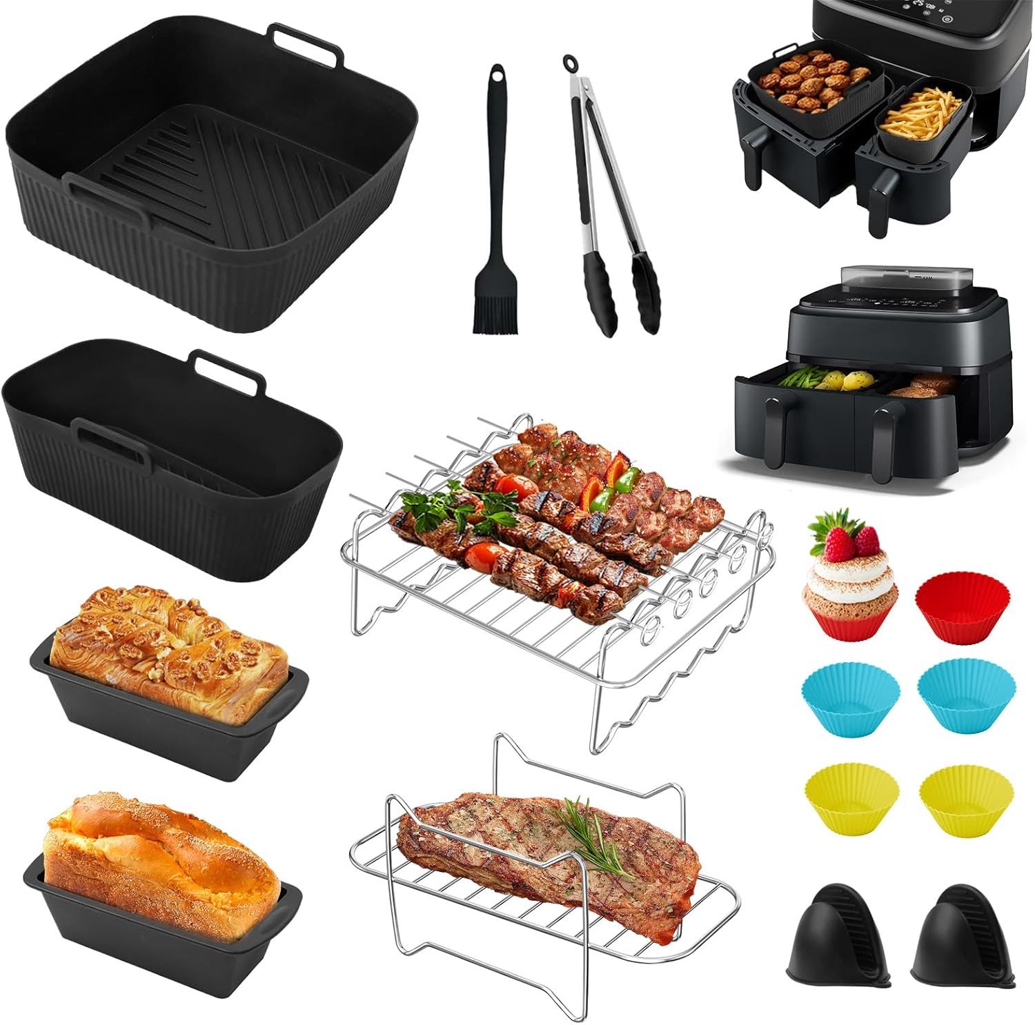 Vivitar Küchenmaschinen Zubehör-Set 15-teiliges Airfryer Zubehör Set für Philips Dual Basket Airfryer, Zubehör für Airfryer 3000–5000 Serie 9L (3L+6L), kompatibel mit Heißluftfritteusen, wiederverwendbar Silikonformen, Kuchenformen, Brotbackformen