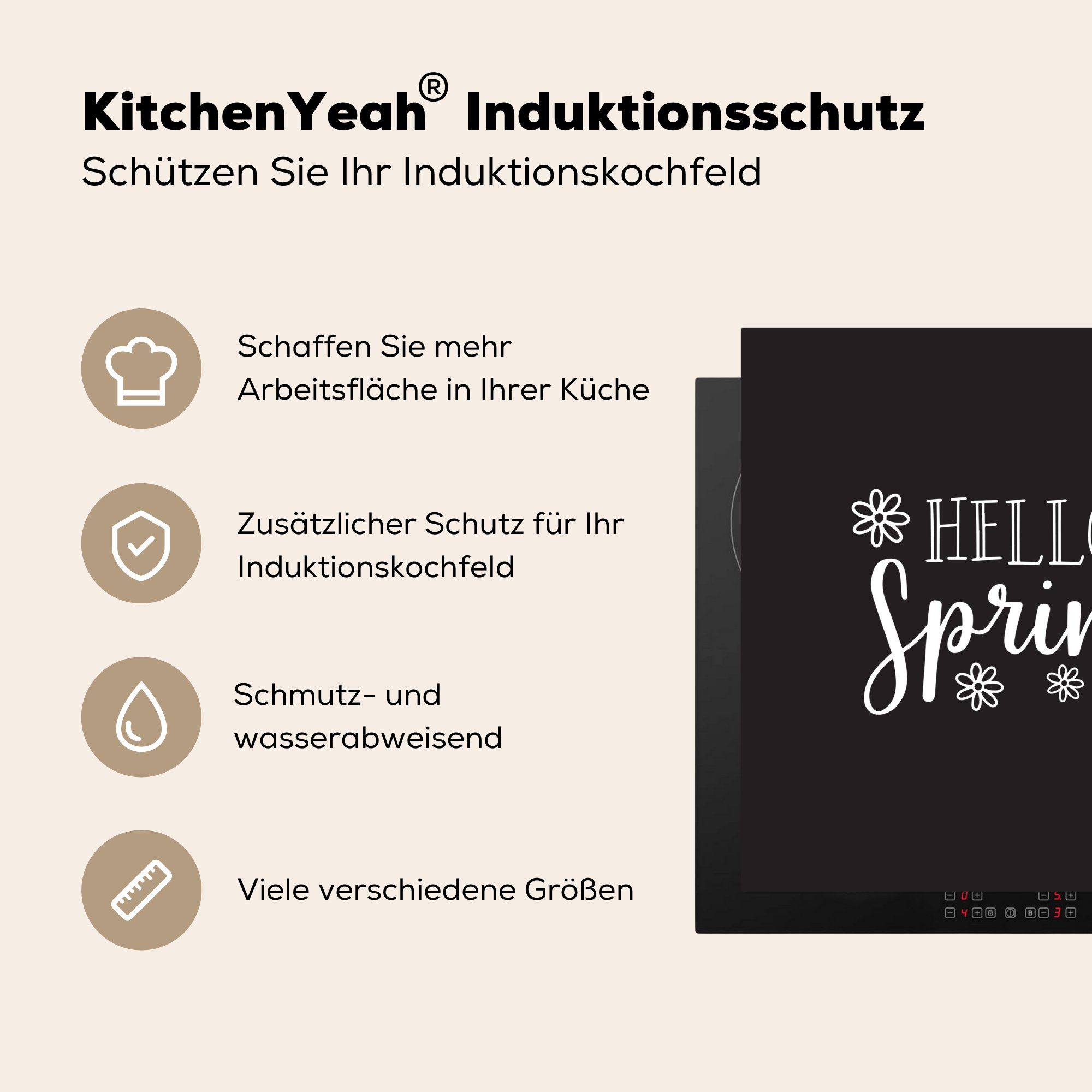 auf Hintergrund, schwarzem küche (1 Frühling" Vinyl, für 78x78 MuchoWow Arbeitsplatte tlg), Ceranfeldabdeckung, Frühlingszitat Herdblende-/Abdeckplatte cm, "Hallo