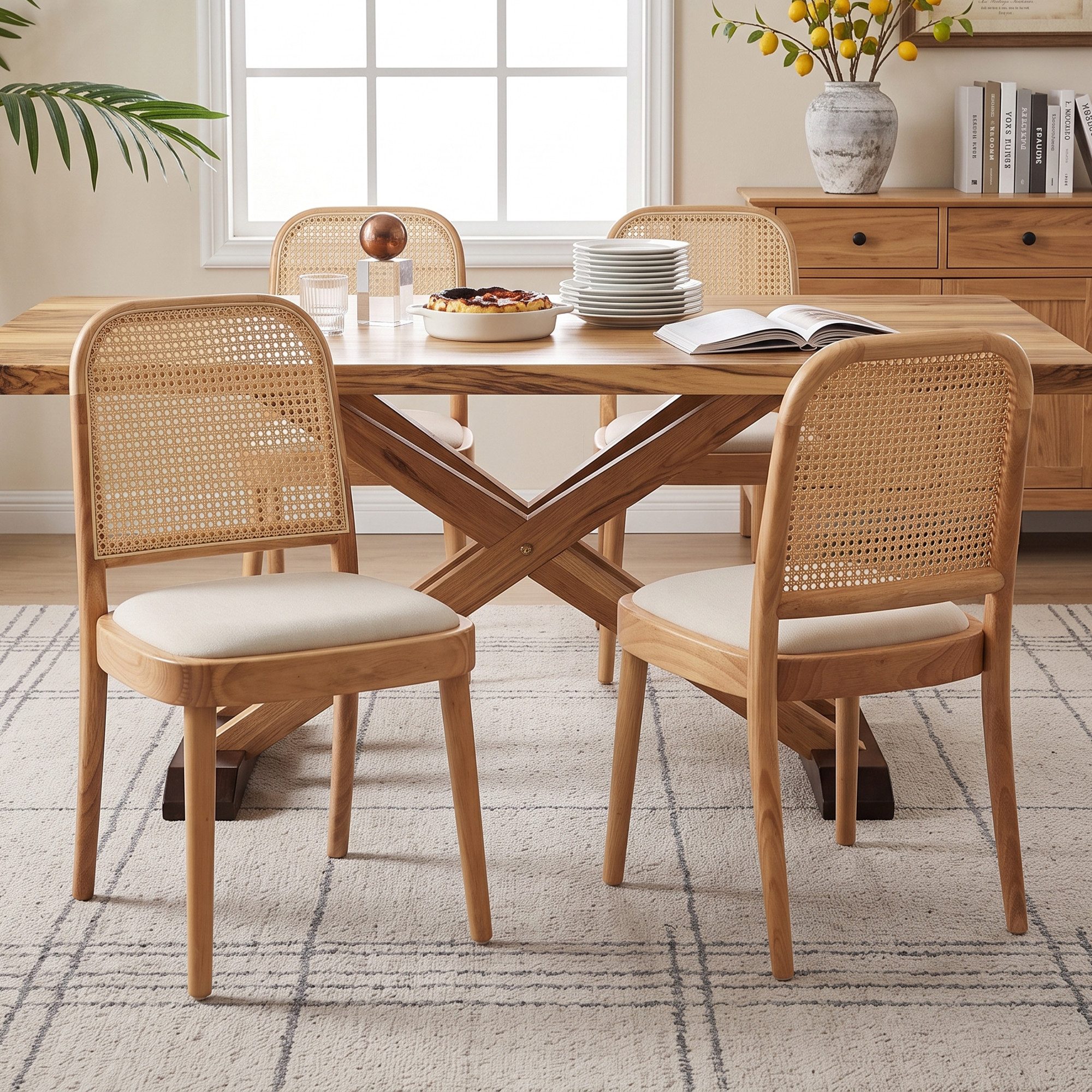 Flieks Esszimmerstuhl Gestell aus Massivholz, Rattan-Rückenlehnen & Leinen-Sitzfläche (Set, 4 St), 4er Set Polsterstühle Rattanstuhl Wohnzimmerstuhl Beige&Natur