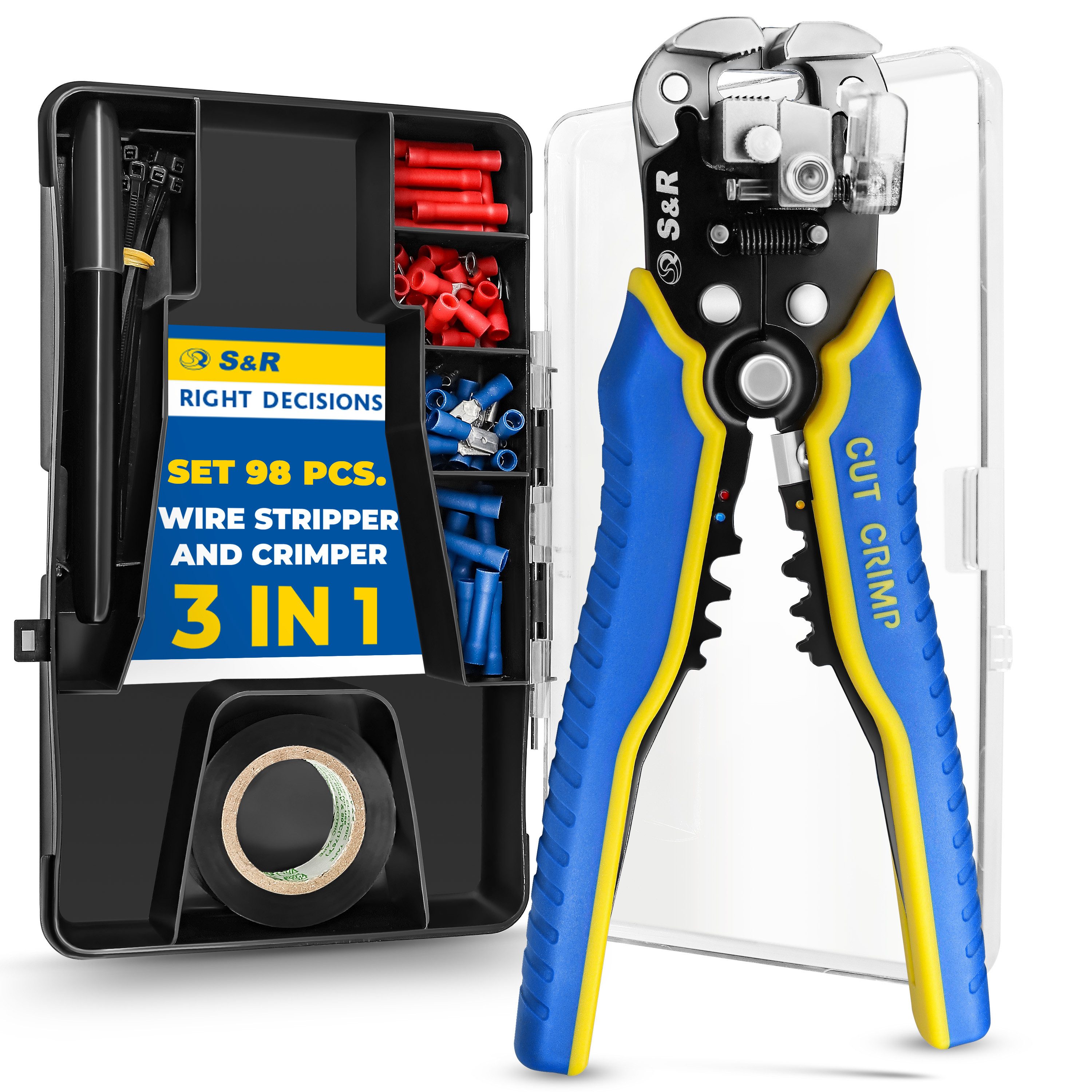 S&R Kabelmesser Automatische Abisolierzange im 98-tlg Set 5-in-1, (Komplett-Set, 98-tlg., 98-teilig), 5-in-1 Multifunktionswerkzeug für Profis & Heimwerker im 98 tlg. Set