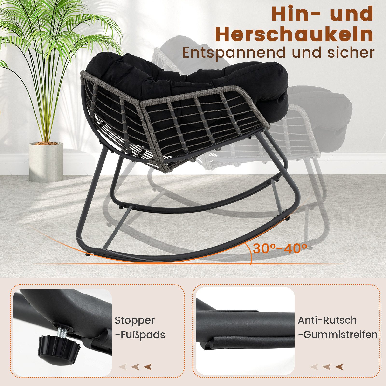 COSTWAY Schaukelstuhl (1 St), Rattanstuhl mit dickem & abnehmbarem Kissen, Metallrahmen, 150kg