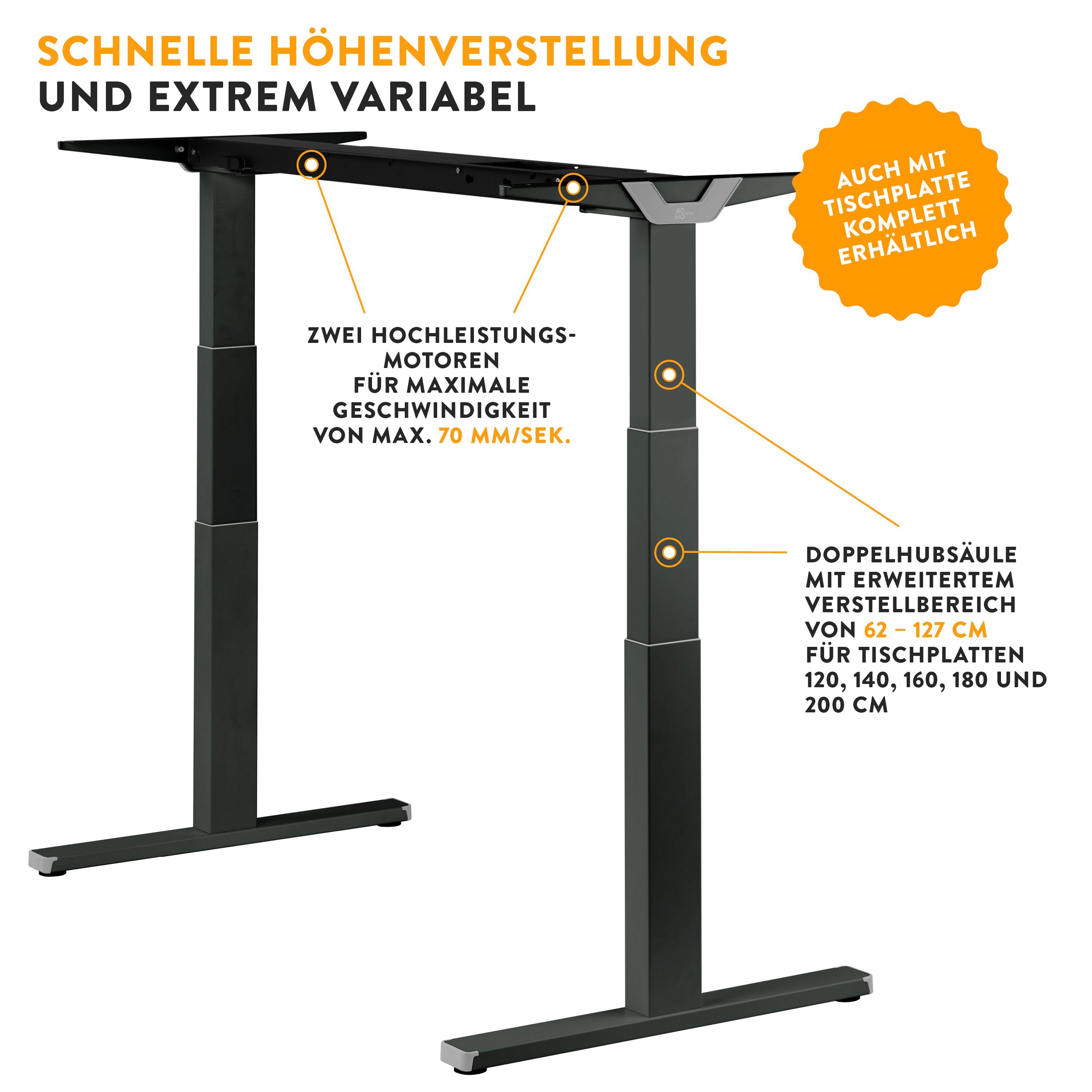 boho office® Schreibtisch Premium Line, elektrisch stufenlos höhenverstellbar in Spacegrau - Made in Germany -