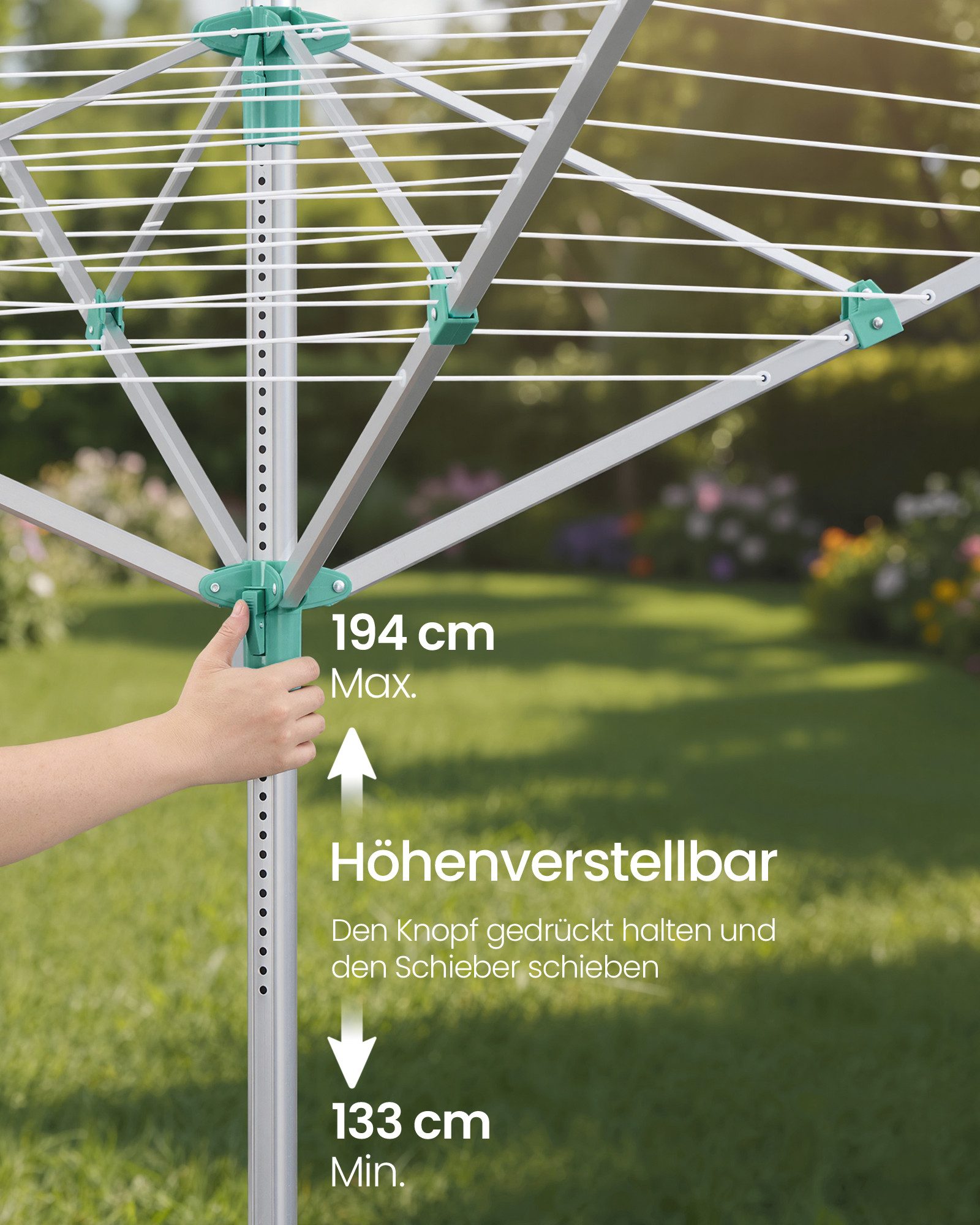 SONGMICS Wäscheständer Wäschespinne, Aluminiumlegierung, mit Schutzhülle, Wäscheklammern, Wäscheständer höhenverstellbar, 60 m Wäscheleine, für 6 Waschladungen – Bild 5 von 5