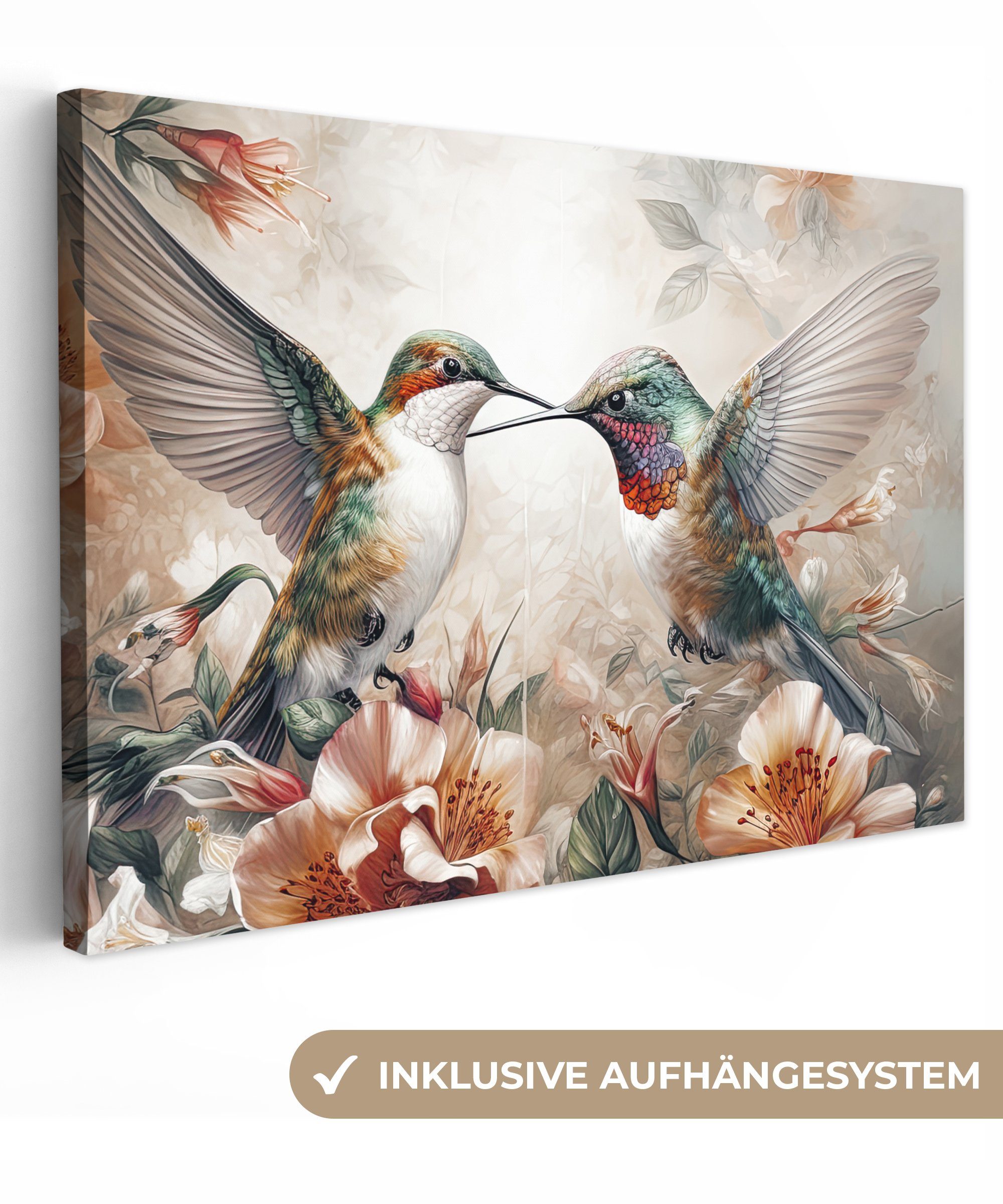 OneMillionCanvasses® Leinwandbild Kolibri - Vögel - Blumen - Natur, (1 St), Wandbild für alle Wohnbereiche, Gemälde, XXL, großes, 120x80 cm