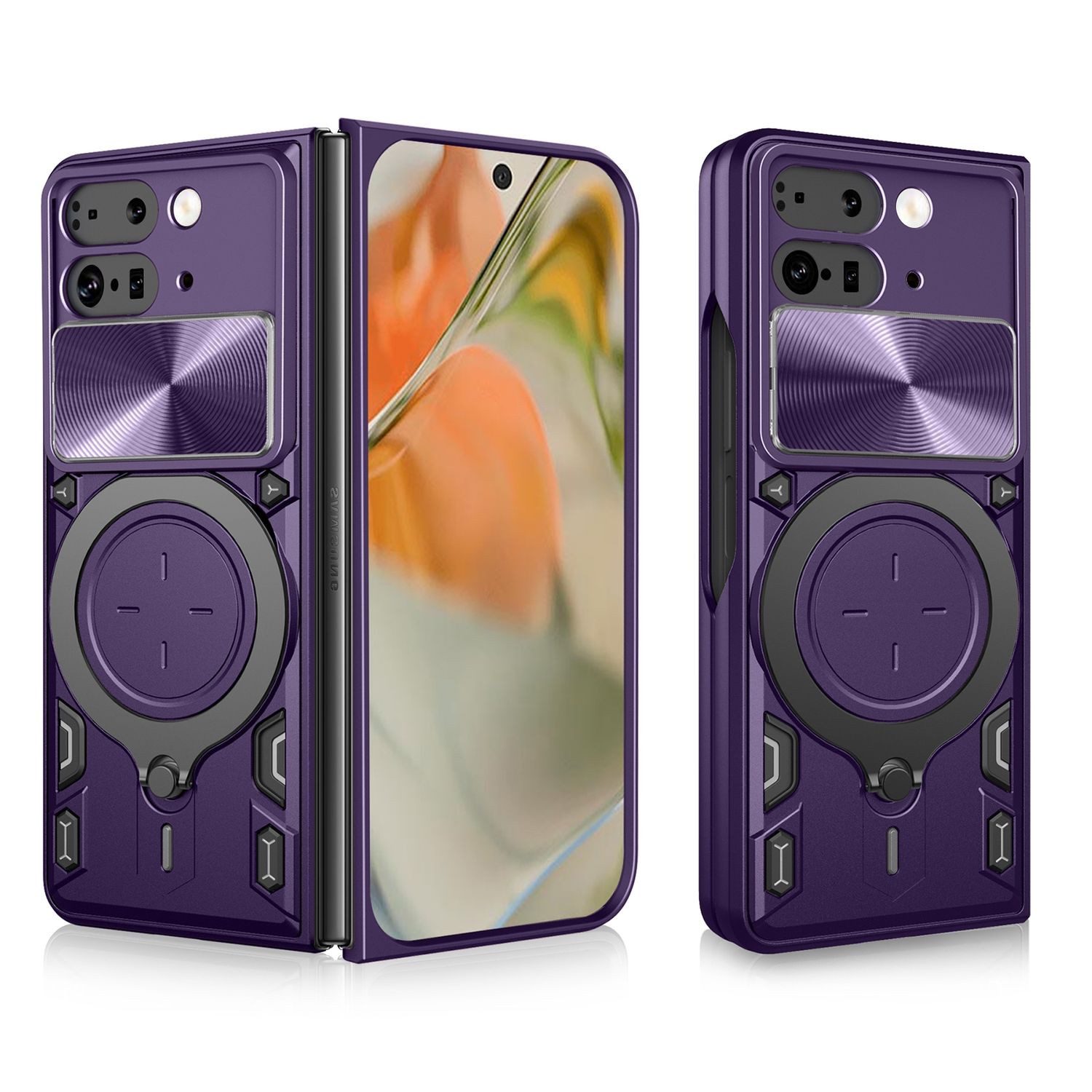 Wigento Handyhülle Für Google Pixel 9 Pro Fold Sliding Kamera Hybrid Ring Hülle Case Lila, CD Texture, Schiebekameraabdeckung, Magnetischer Halter