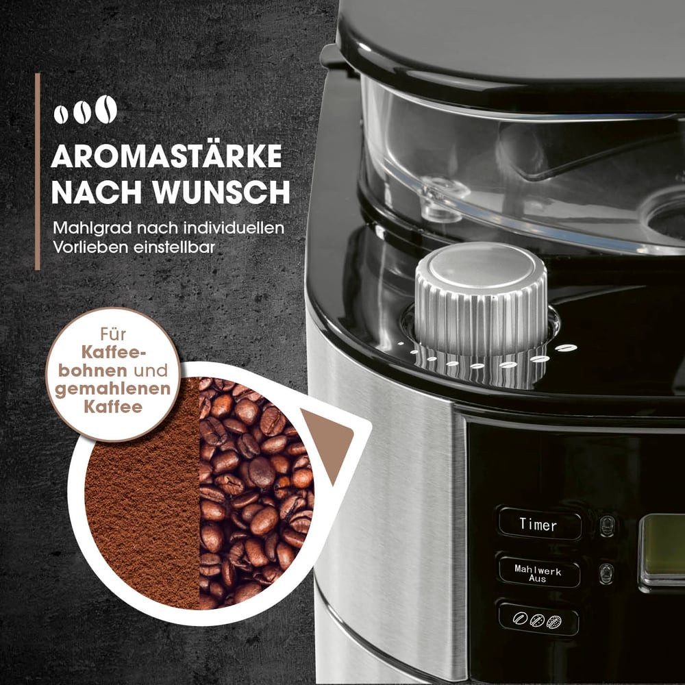 Barista Kaffeemaschine mit Mahlwerk mit verstellbarem Mahlwerk Thermoskanne 24h Timer & Permanentfilter, Kaffeemaschine für Bohnen & Pulver,  mit Isolierkanne,  1000W