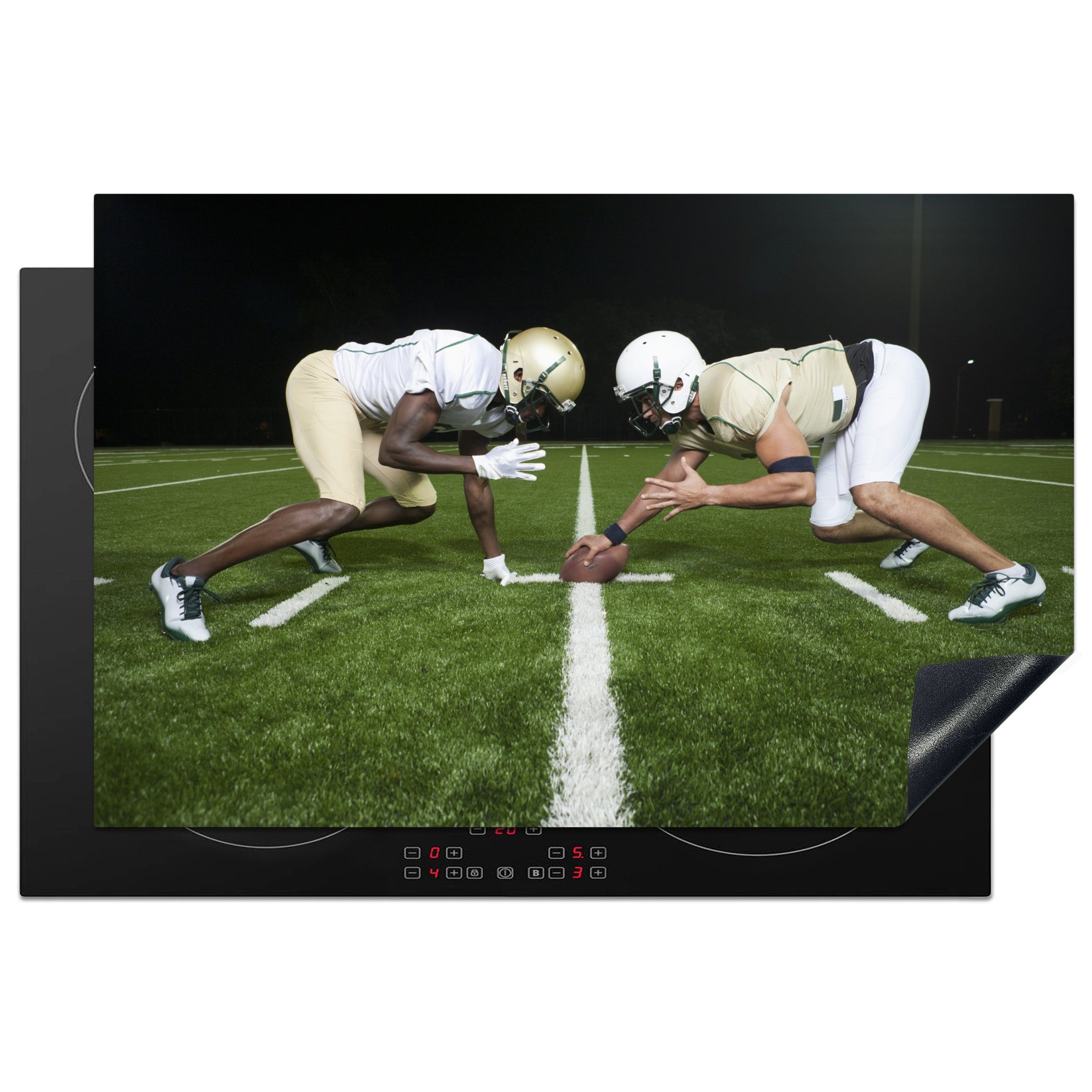 MuchoWow Herdblende-/Abdeckplatte American-Football-Spieler stehen sich gegenüber, Vinyl, (1 tlg), 81x52 cm, Induktionskochfeld Schutz für die küche, Ceranfeldabdeckung