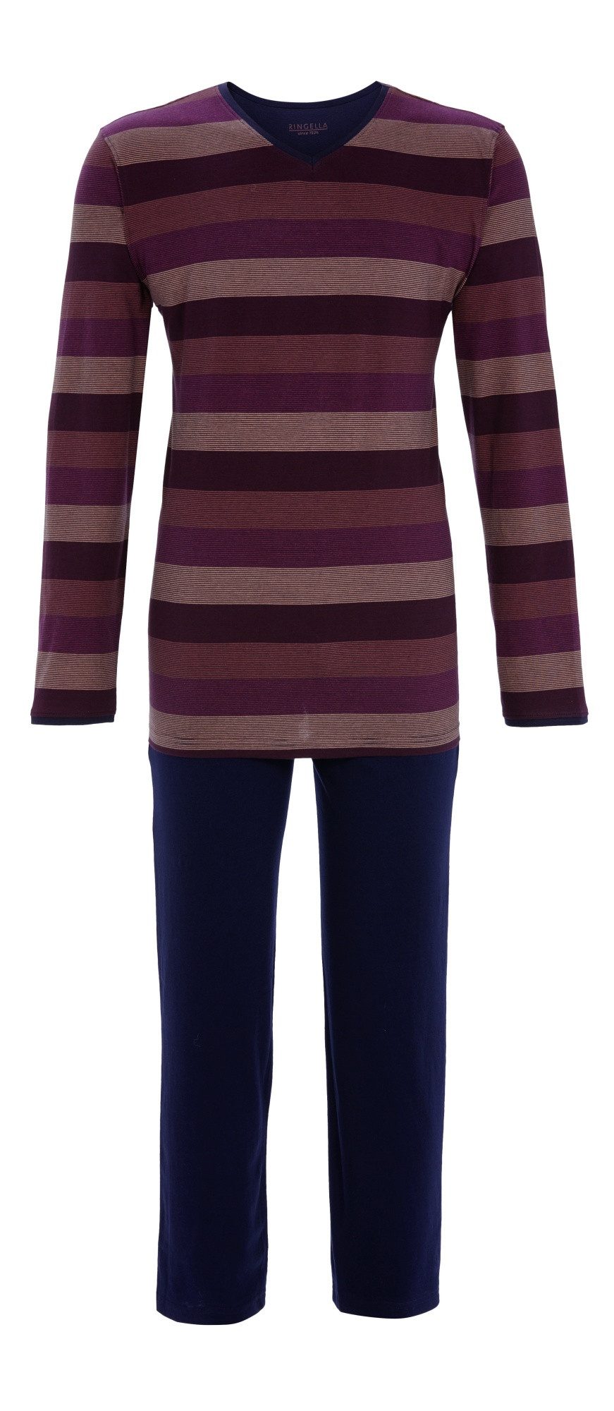 Ringella Pyjama mit V-Ausschnitt und geringeltem Oberteil mit Kontrastpaspel-Details