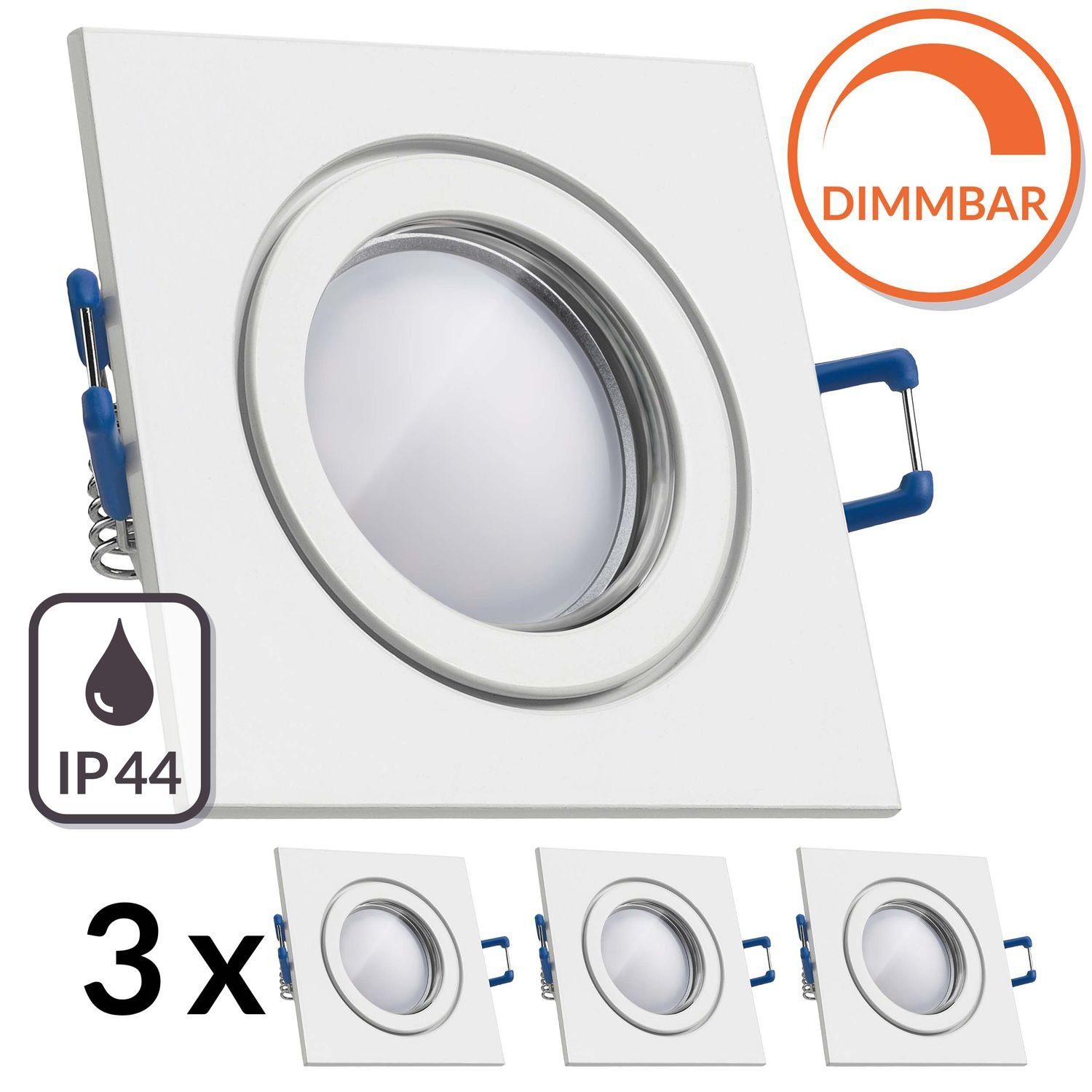 LEDANDO LED Einbaustrahler 3er IP44 LED Einbaustrahler Set EXTRA FLACH (35mm) in Weiß mit LED Mar