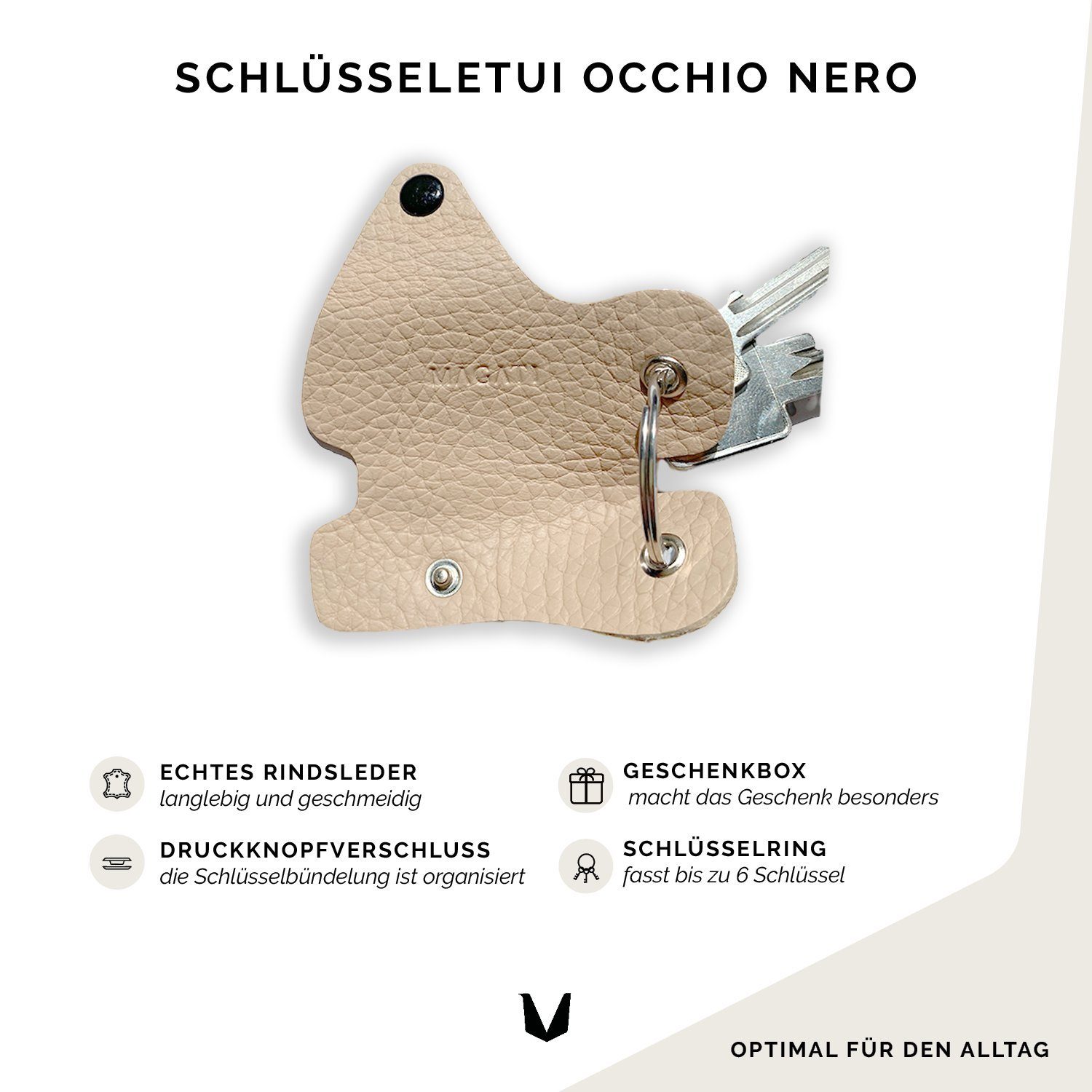 MAGATI Schlüsseltasche Occhio Leder Beige Einkaufswagenlöser, Nero mit 1-6 aus Schlüsselanhänger Schlüssel, Platz für