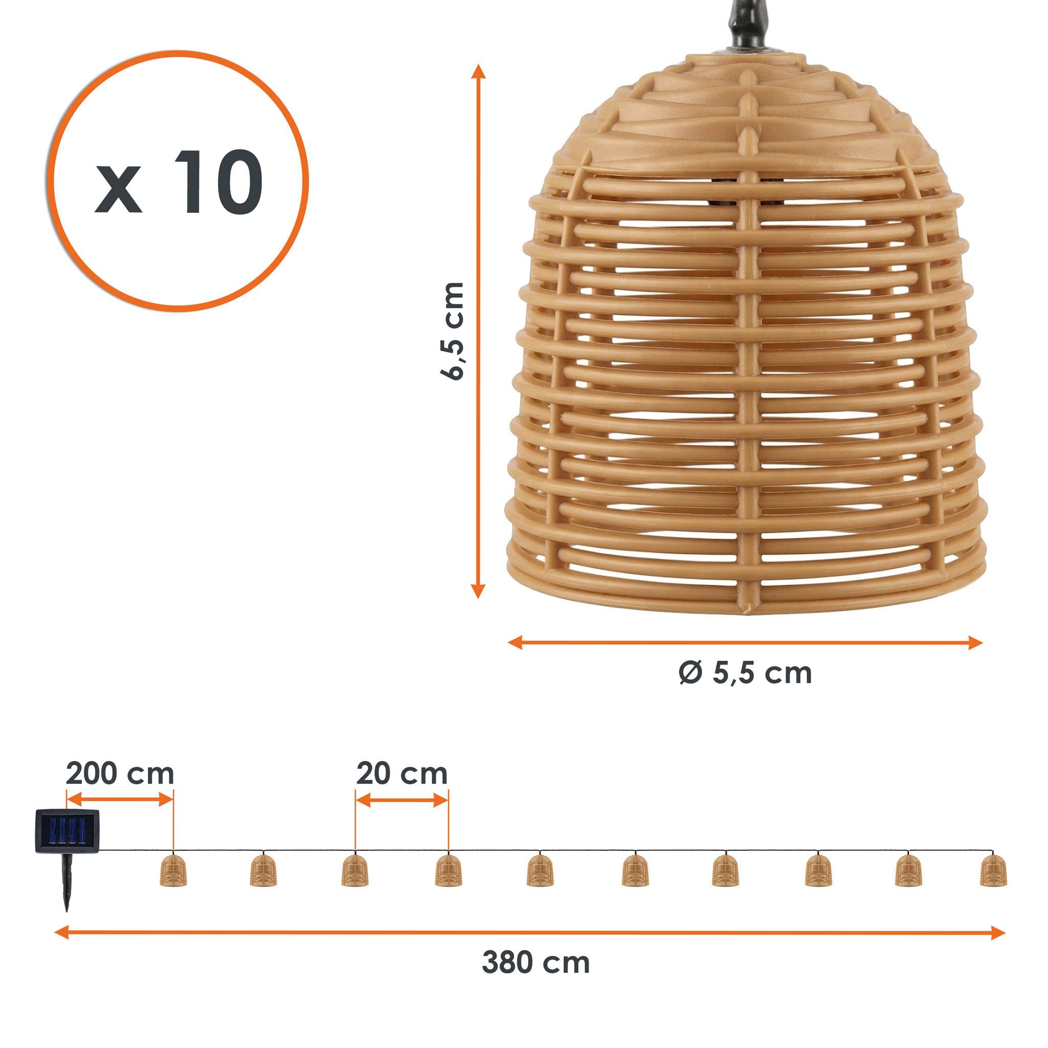 Spetebo LED-Lichterkette Solar mit 10 Lampions in Rattan Optik, 10-flammig, mit 7 Funktionen