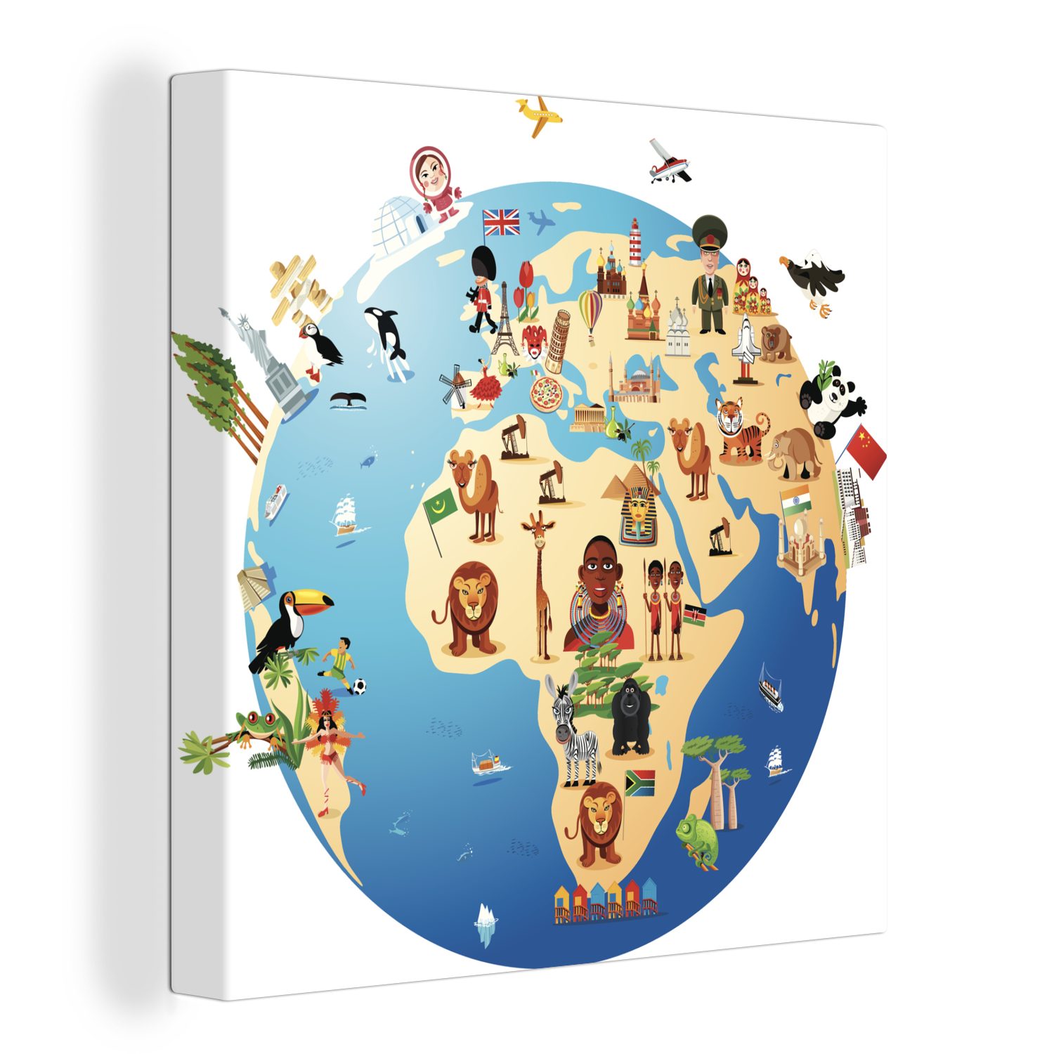 OneMillionCanvasses® Leinwandbild Cartoon-Illustration einer kreisförmigen Weltkarte mit Symbolen, (1 St), Leinwand Bilder für Wohnzimmer Schlafzimmer