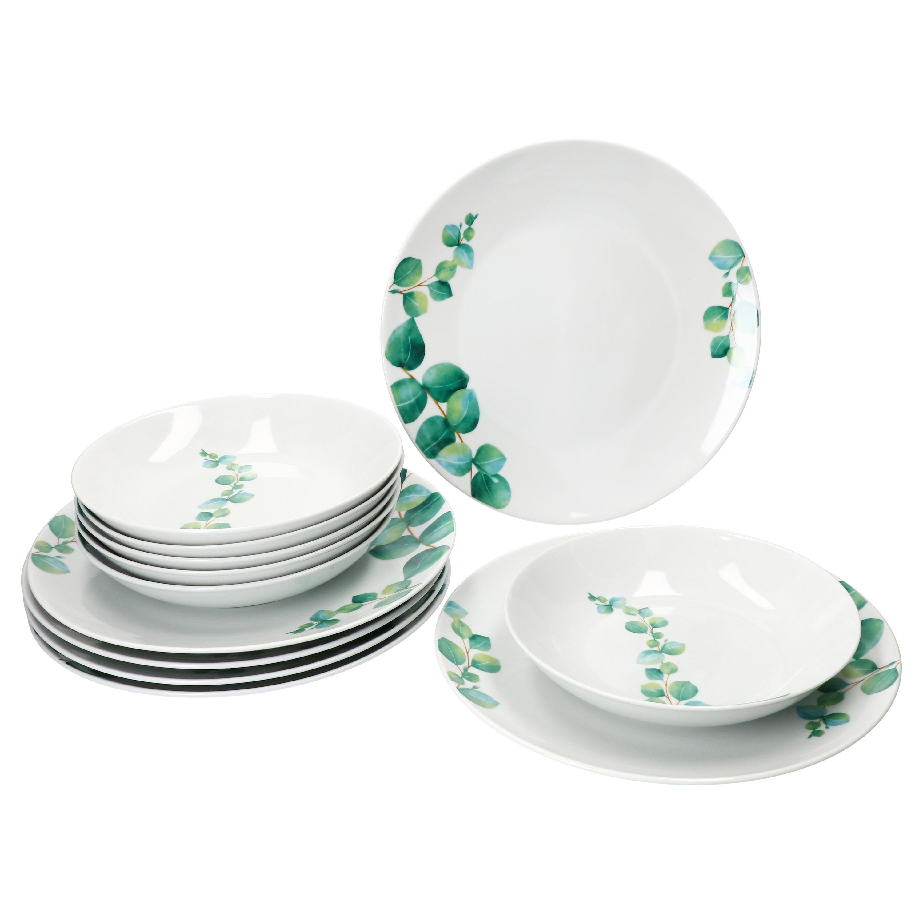 MamboCat Tafelservice 12tlg Tafelservice Eukalyptus weiß Porzellan 6 Personen Essteller, Porzellan