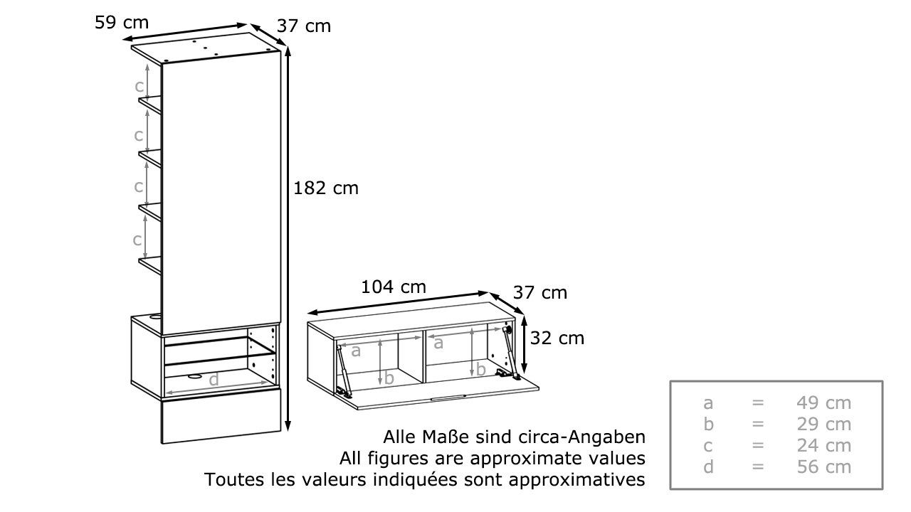 Vladon Wohnwand Manhattan, (Anbauwand (165x182x37 Weiß bestehend Paneel, Klappenschrank), Hochglanz/Paneel 1 aus Avola-Anthrazit cm) 1 und in 2-St., großen Matt/Weiß