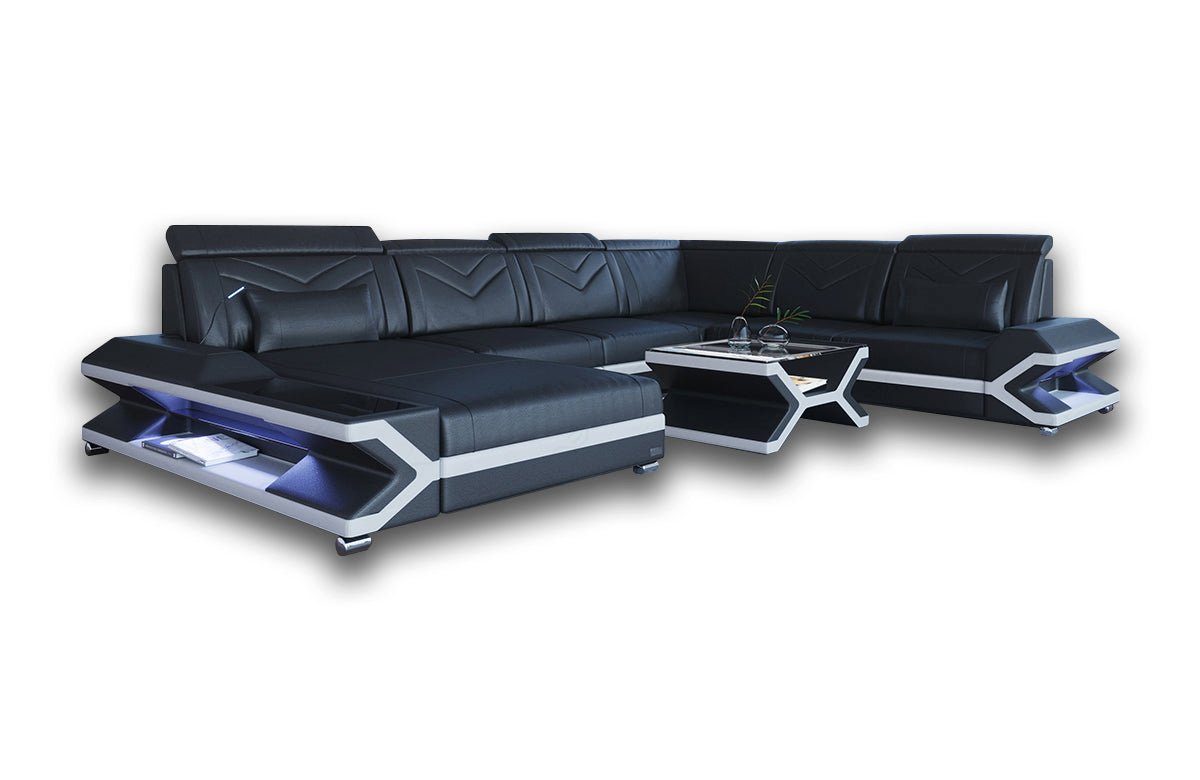 Sofa Dreams Wohnlandschaft Stoff Couch Napoli U Stoffsofa, H14 mit LED, Polstersofa XXL USB-Anschluss, Schlafsofa, Schwarz-Weiss Designersofa Form