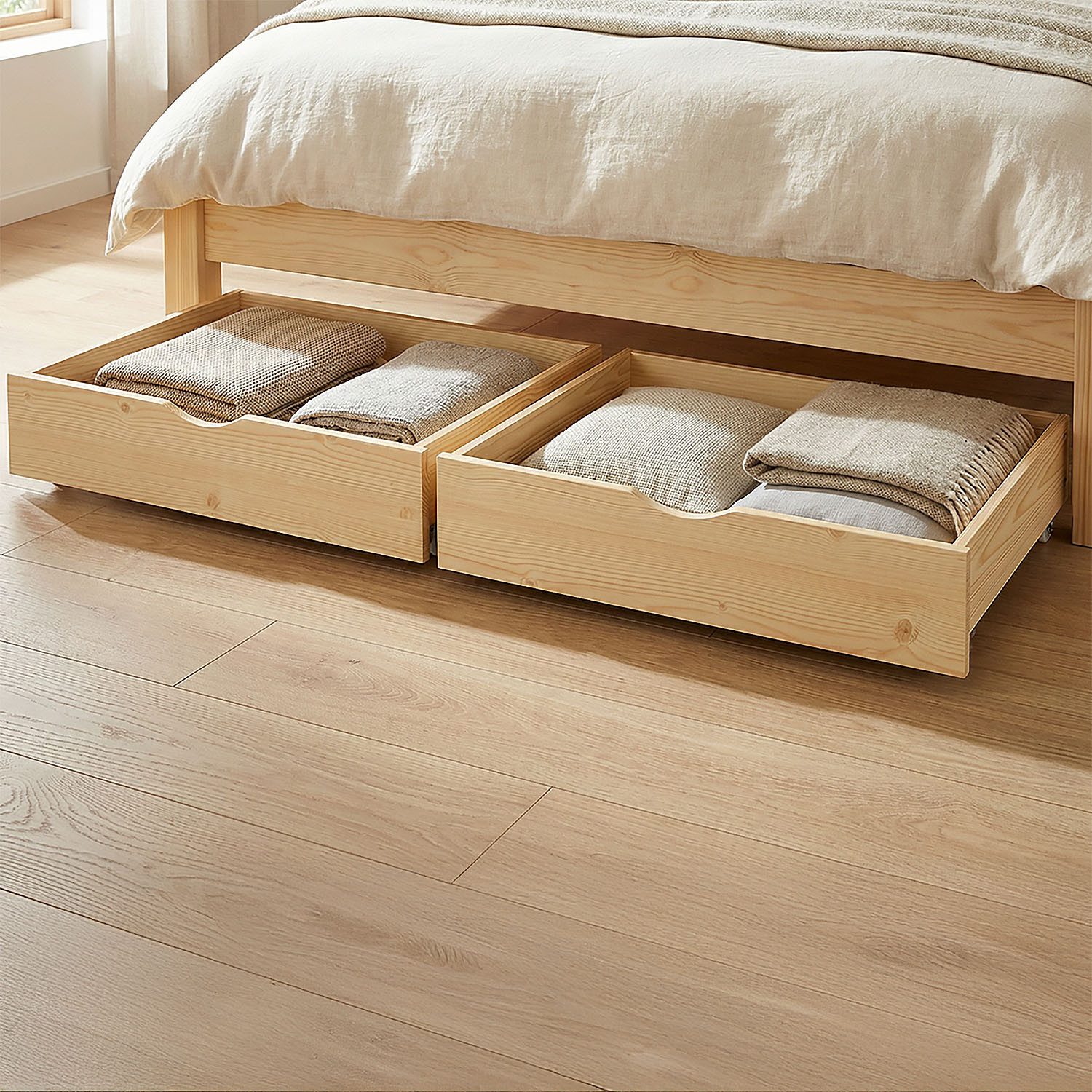 Homestyle4u Bettschubkasten 2x Bettkasten 83x16x63,5 Holz Aufbewahrung Schublade Natur auf Rollen, Aufbewahrung, für 90x200, 120x200, 140x200, rollbar