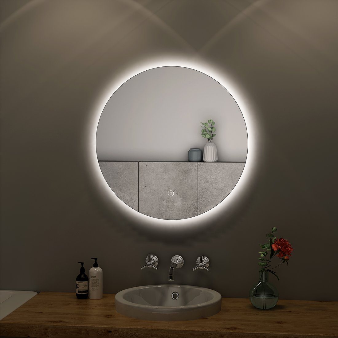 S'AFIELINA Badspiegel Runder Badezimmerspiegel LED Badspiegel mit Beleuchtung, 50cm,Touch Schalter,Kaltweiß 6500K,IP44