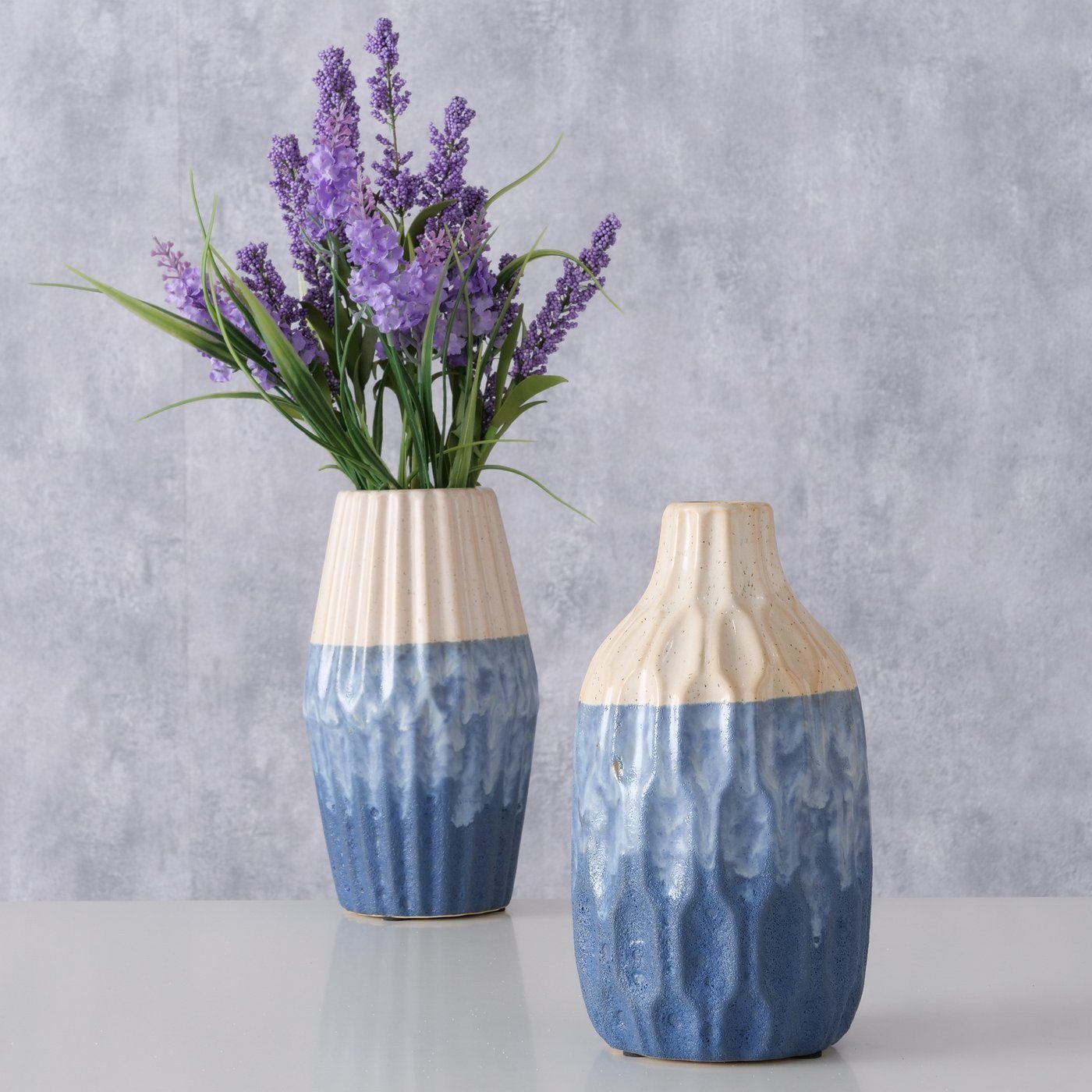 BOLTZE Dekovase 2er Set "Inma" aus Keramik in blau/beige, Vase Blumenvase