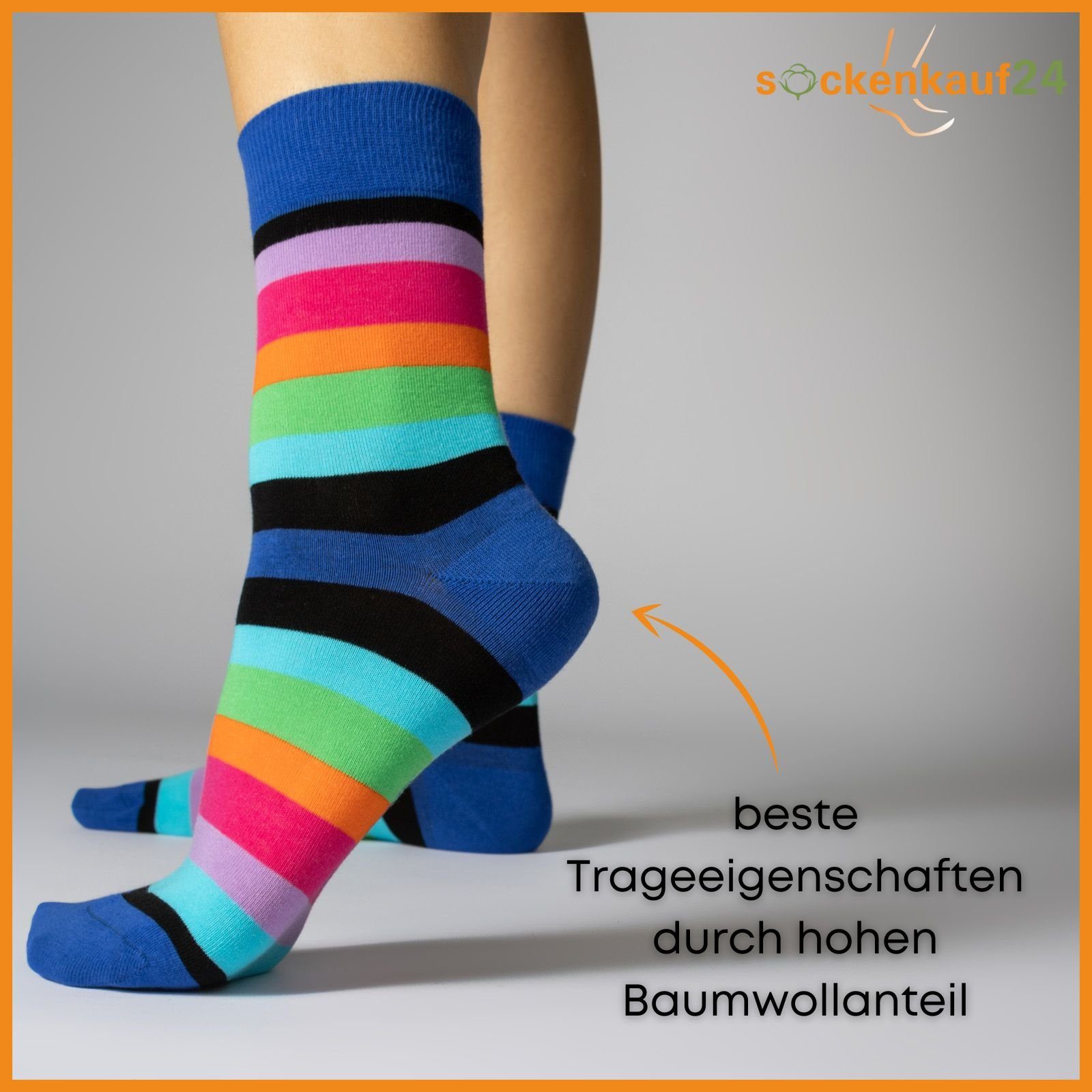 sockenkauf24 Basicsocken Damen Socken Bunt Ringelsocken Gestreift Baumwolle mit Komfortbund (6-Paar, 35-38) ohne Naht - 11979