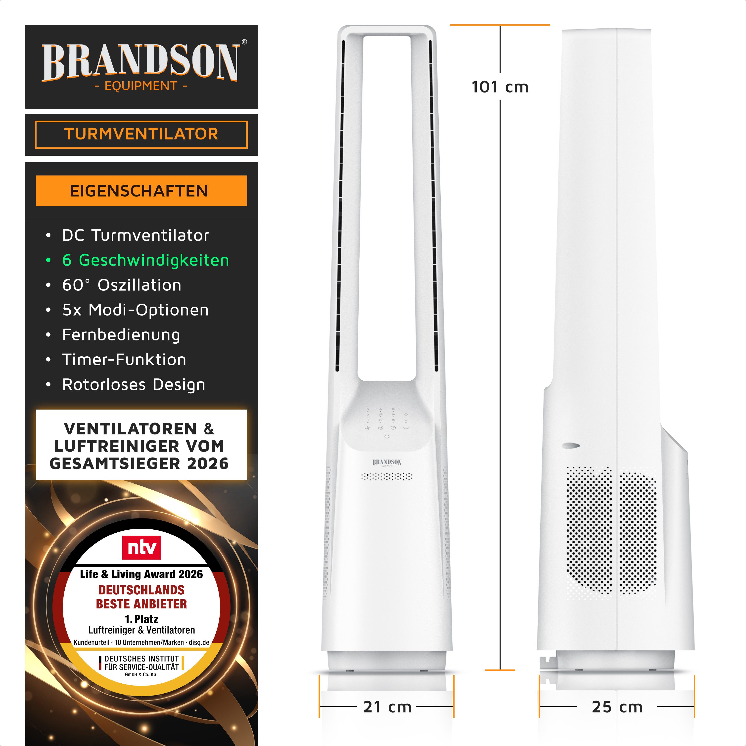 Brandson Turmventilator DC-Motor, Säulenventilator blattlos, Fernbedienung, Timer, Oszillation, Sieger Ventilatoren & Luftkühler 2026, 3 Modi, Touch, leise, rotorlos