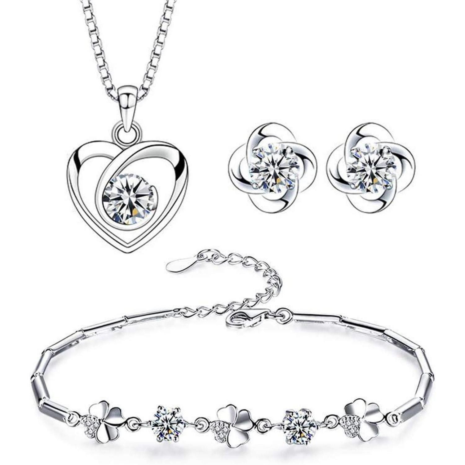 Schmuckset Schmuck Set Damen Silber 925 mit 5A Zirkonia Herz Halskette, Klee