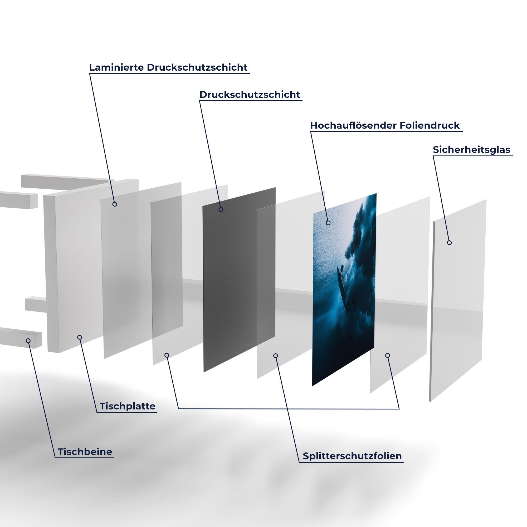 Glastisch Glas Beistelltisch 'Surfer taucht Couchtisch Unterwasser', DEQORI modern Weiß