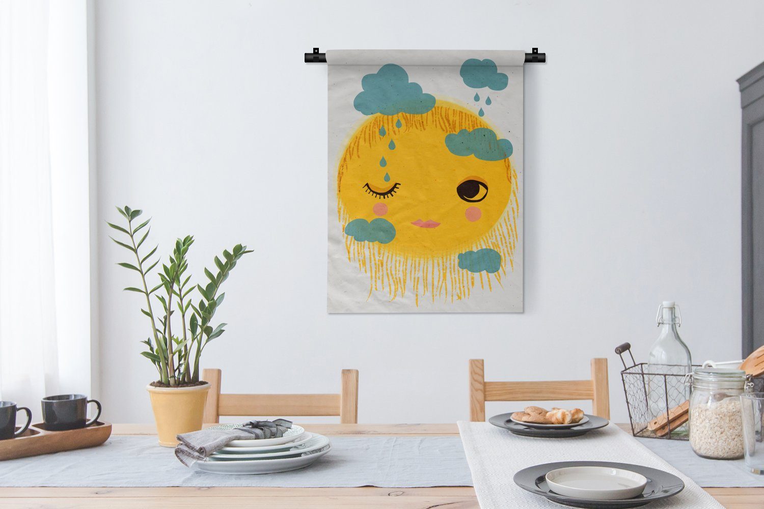 Deko der Wand, Tapisserie, - für Sonne MuchoWow Wanddekoobjekt an Schlafzimmer - Wohnzimmer, Gelb Gesicht - - Regen, Wolken