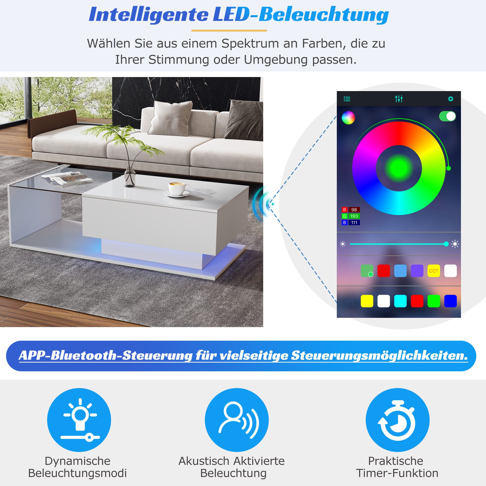 Merax Couchtisch mit Glastischplatte und Schublade, günstig online kaufen