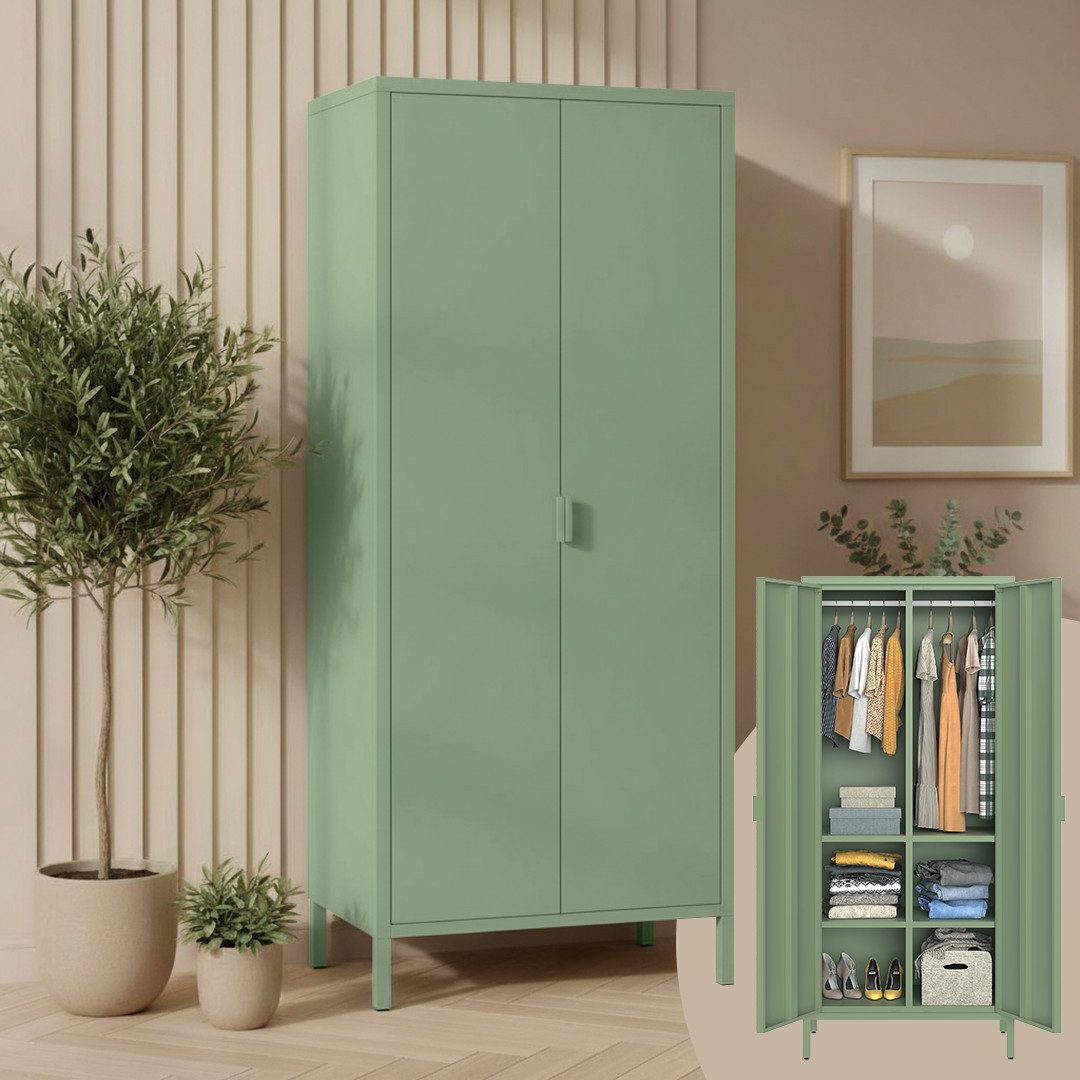 skølm Kleiderschrank Ituri aus Metall (Mintgrün) Metallschrank mit 6 Fächern & 2 Kleiderstangen, 170x80x45 cm
