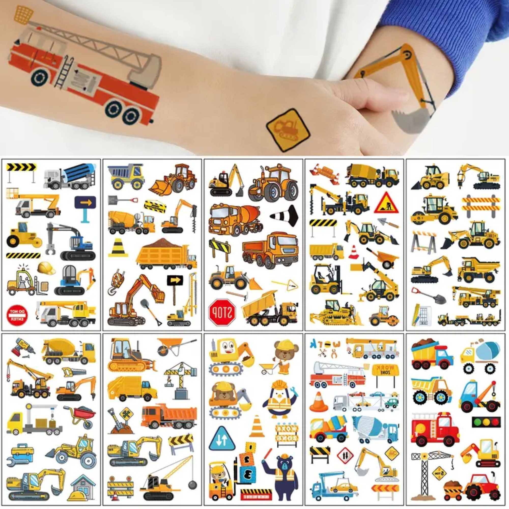 Montegoni Kindertattoo Temporäre Tattoos mit Bagger für Jungen, 10 Blatt wasserfeste Tattoos, Aufkleber für Kinderauto-Themen zum Geburtstag