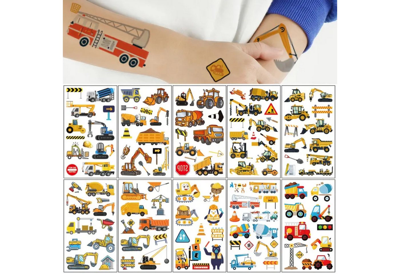 Montegoni Kindertattoo Temporäre Tattoos mit Bagger für Jungen, 10 Blatt wasserfeste Tattoos, Aufkleber für Kinderauto-Themen zum Geburtstag