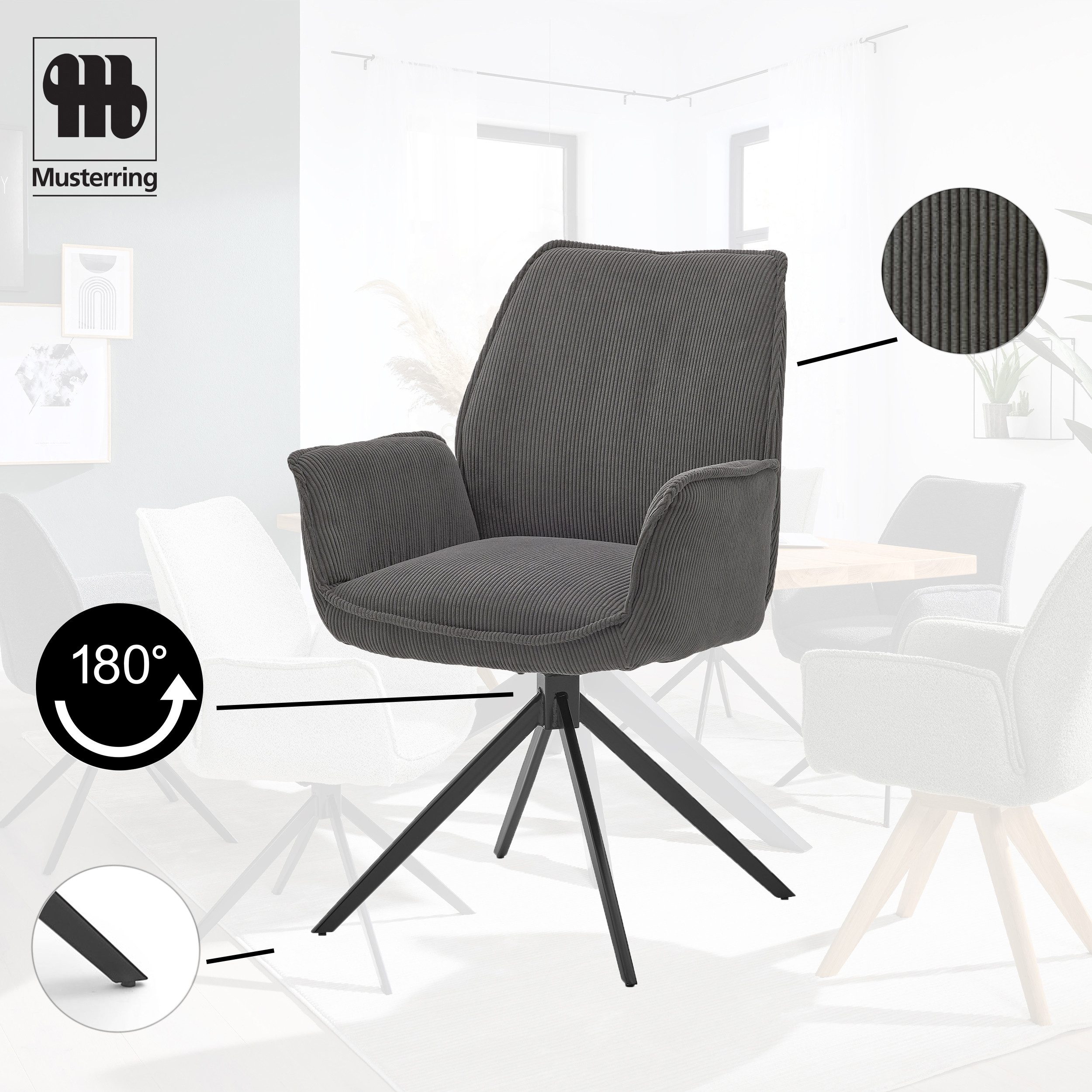 Musterring Esszimmerstuhl Tiama (Set, 2 St), Stativgestell aus Eisen schwarz, 180° drehbar, Stoff Cord oder Bouclé
