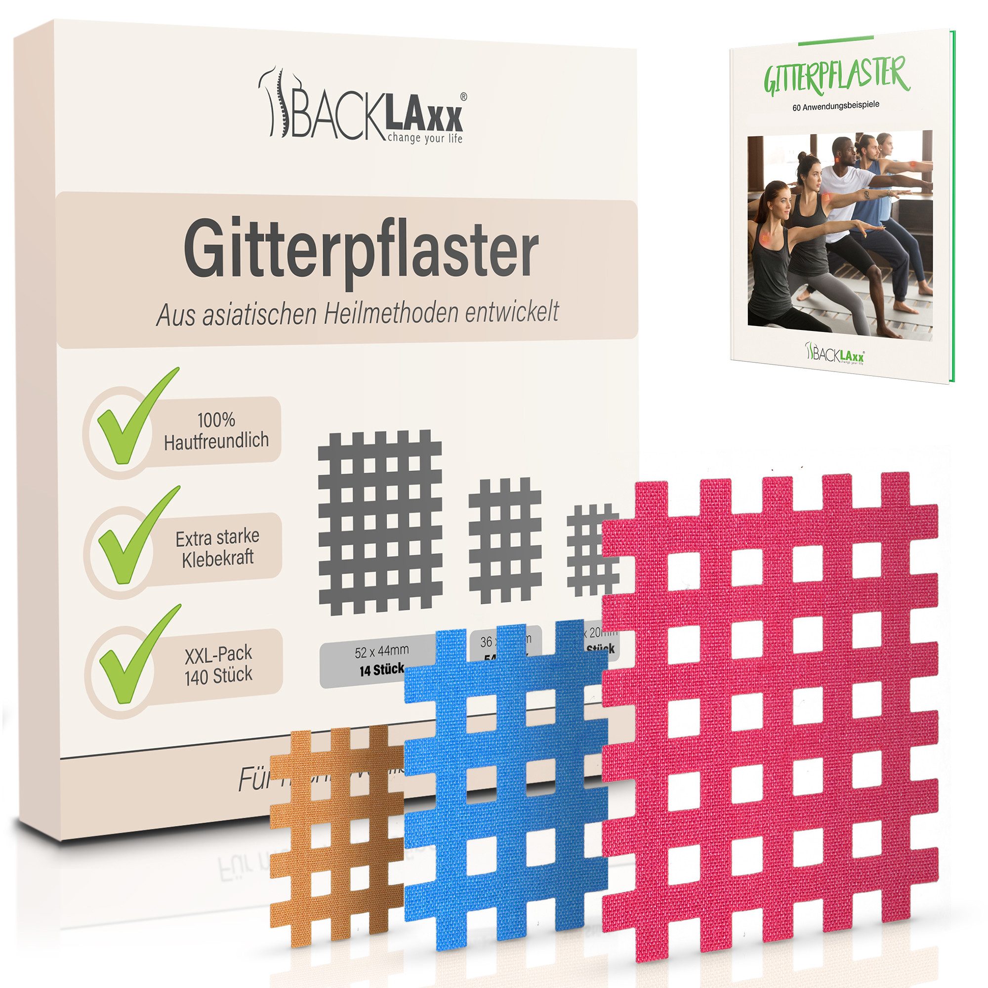 BACKLAxx® Kinesiologie-Tape Gitterpflaster Cross Tape Gittertape Kinesiotape (Typ a, b, c, 140-St) hautfreundlich, starke Haftung - für Alltag & Sport